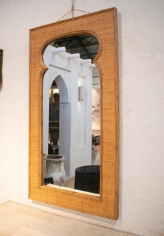 1970s Spanish Rectangular Bamboo & Woven Wicker Arched Wall Mirror
