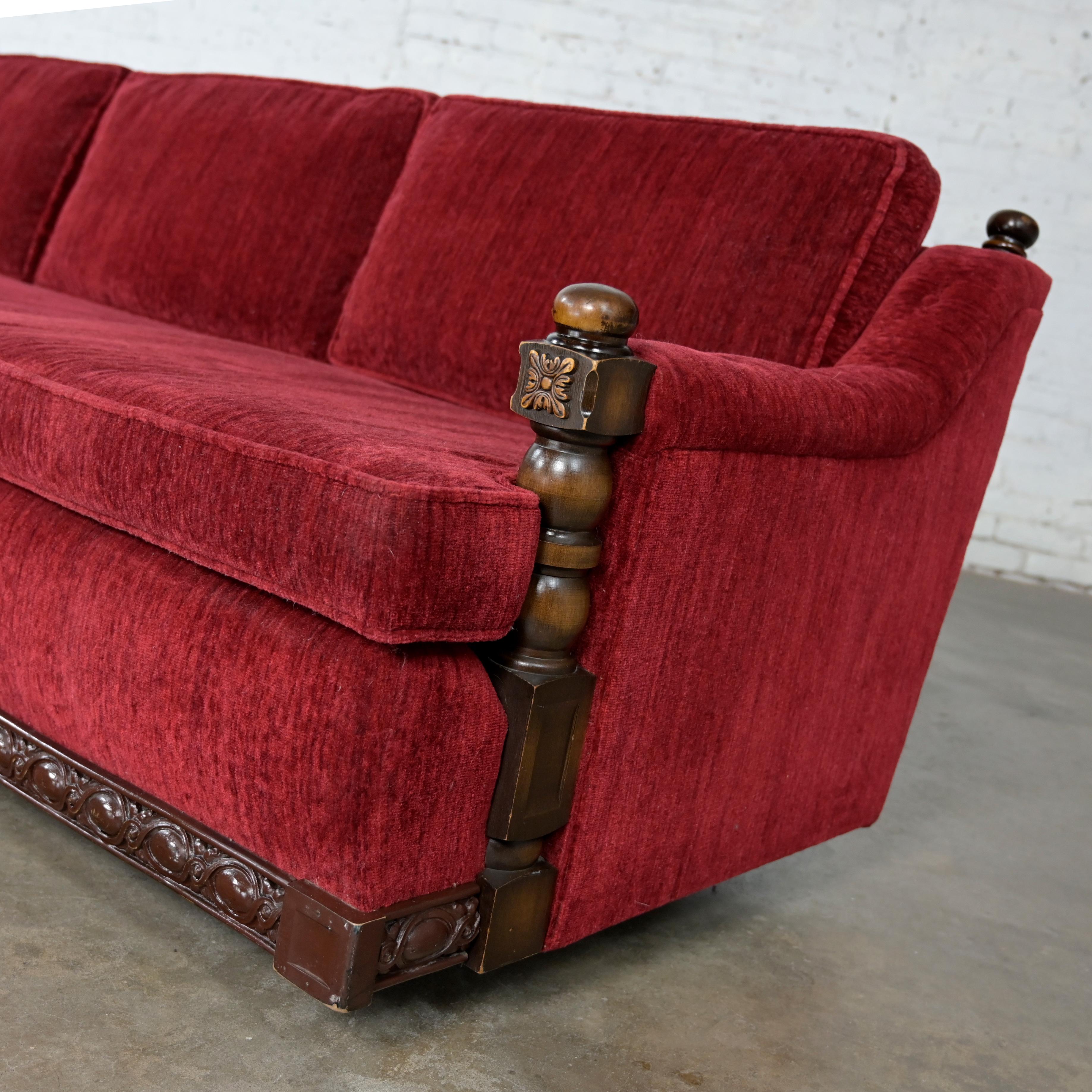 1970's Spanish Revival Rustic Red Chenille Sofa Style Artes De Mexico Internls For Sale 4
