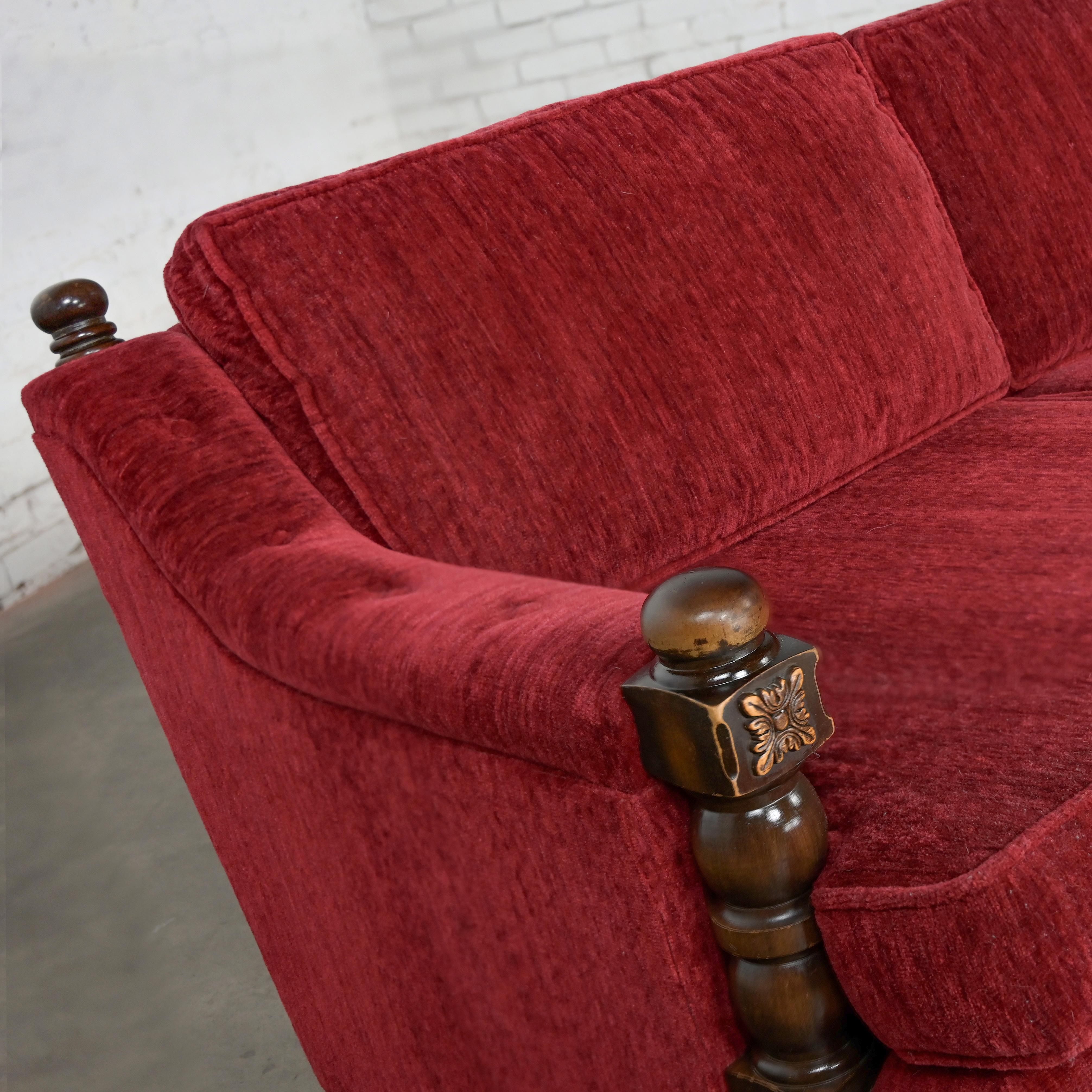 1970's Spanish Revival Rustic Red Chenille Sofa Style Artes De Mexico Internls For Sale 7