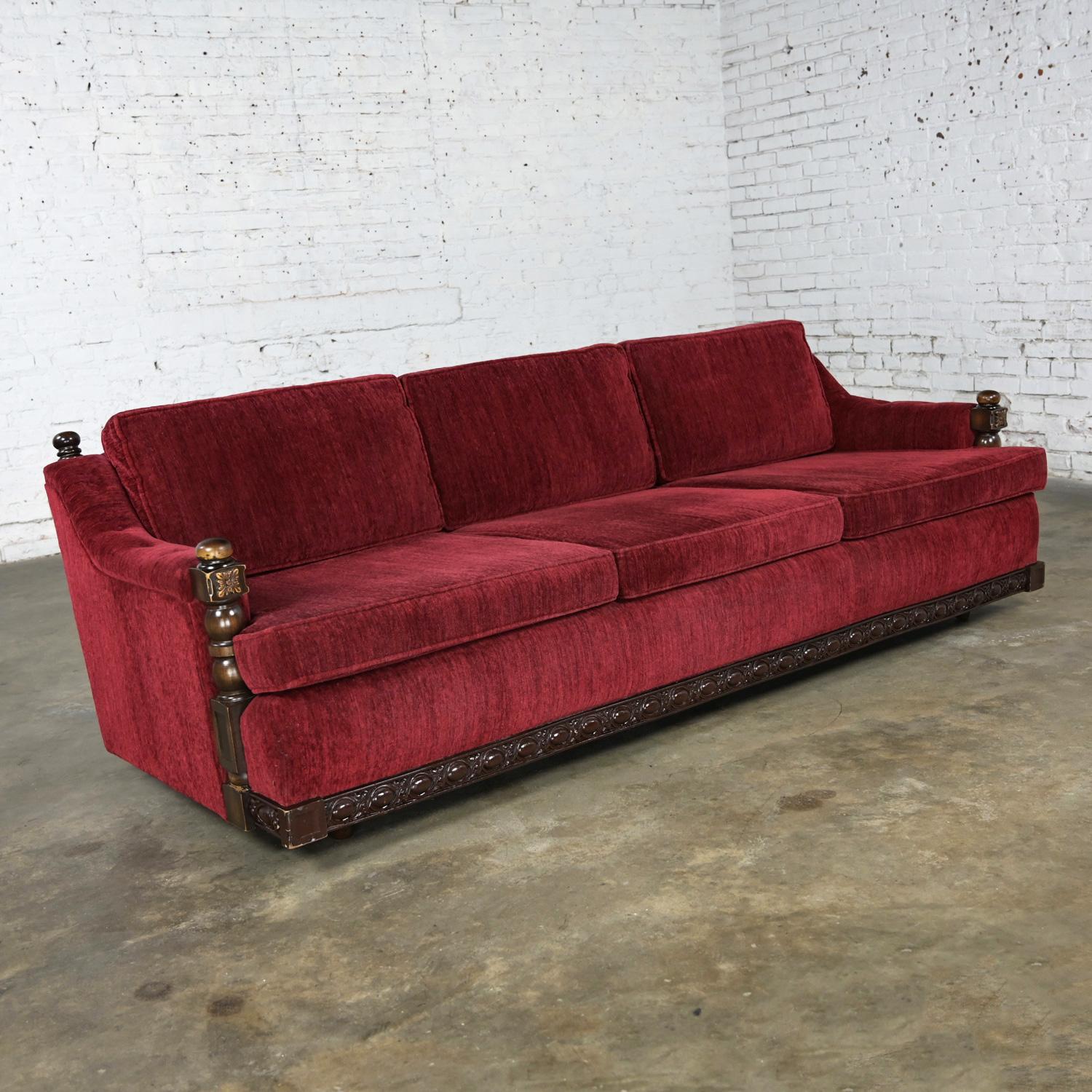 Spanish Colonial 1970's Spanish Revival Rustic Red Chenille Sofa Style Artes De Mexico Internls For Sale