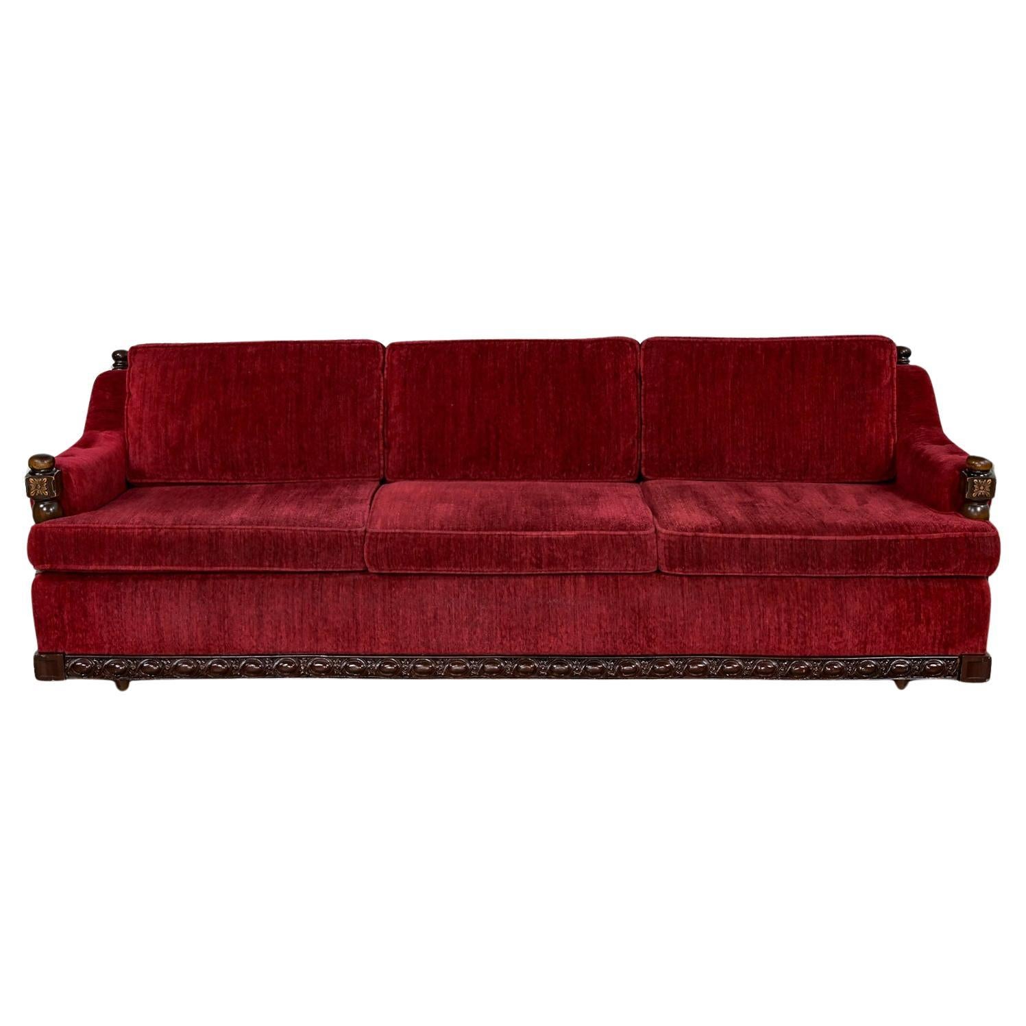 1970's Spanish Revival Rustic Red Chenille Sofa Style Artes De Mexico Internls For Sale
