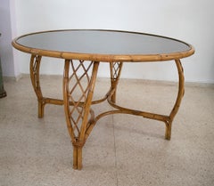 1970s Spanish Round Bamboo Table w/ Black Formica Top
