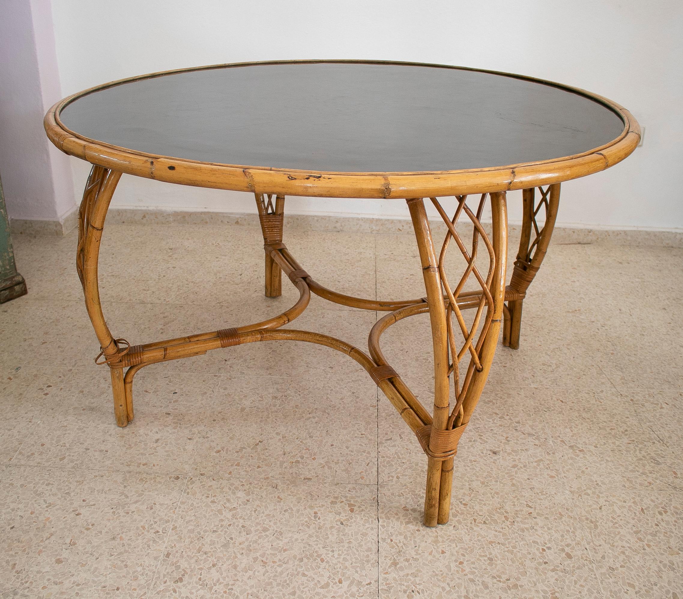 1970s Spanish Round Bamboo Table w/ Black Formica Top For Sale 1