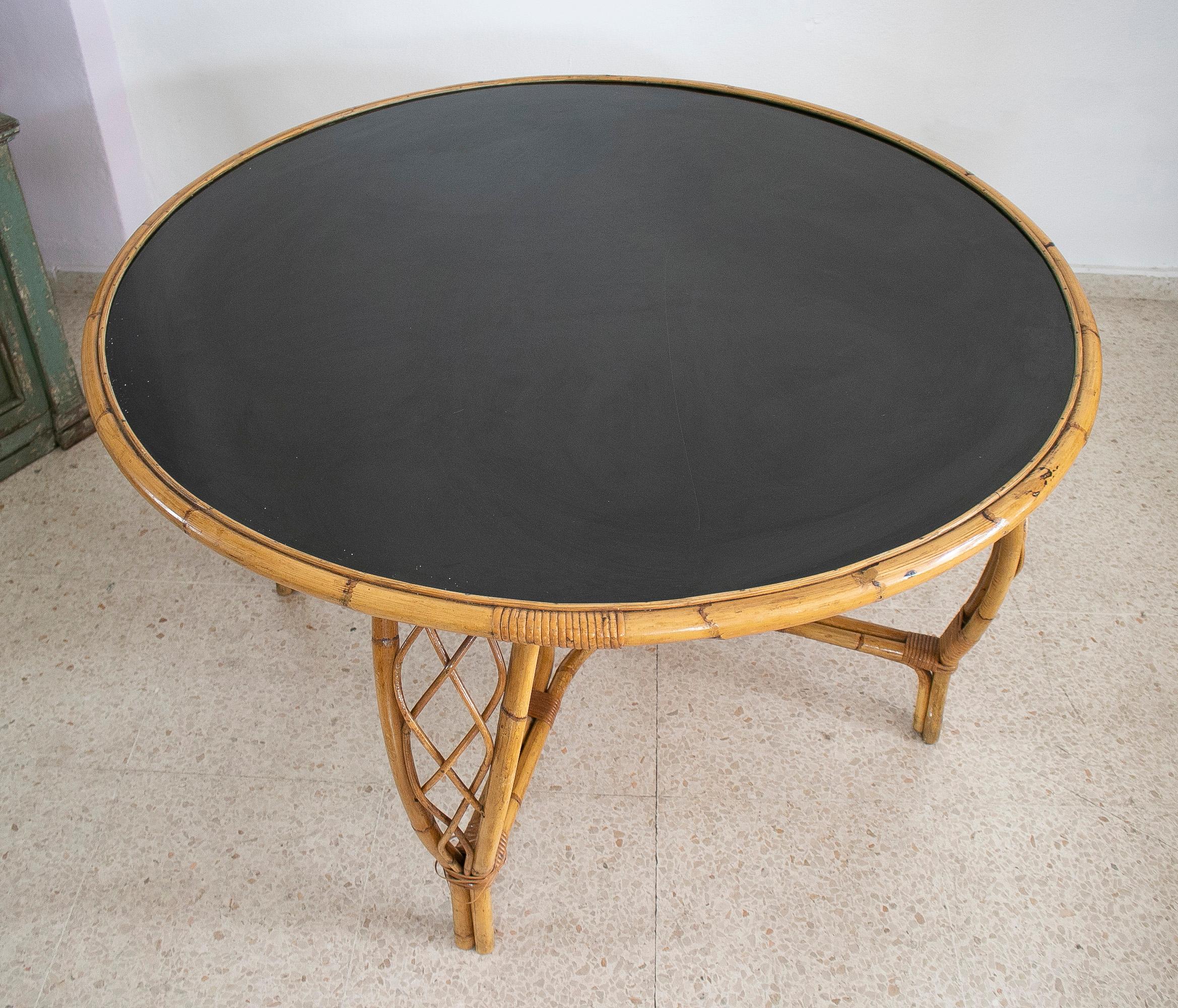1970s Spanish Round Bamboo Table w/ Black Formica Top For Sale 2
