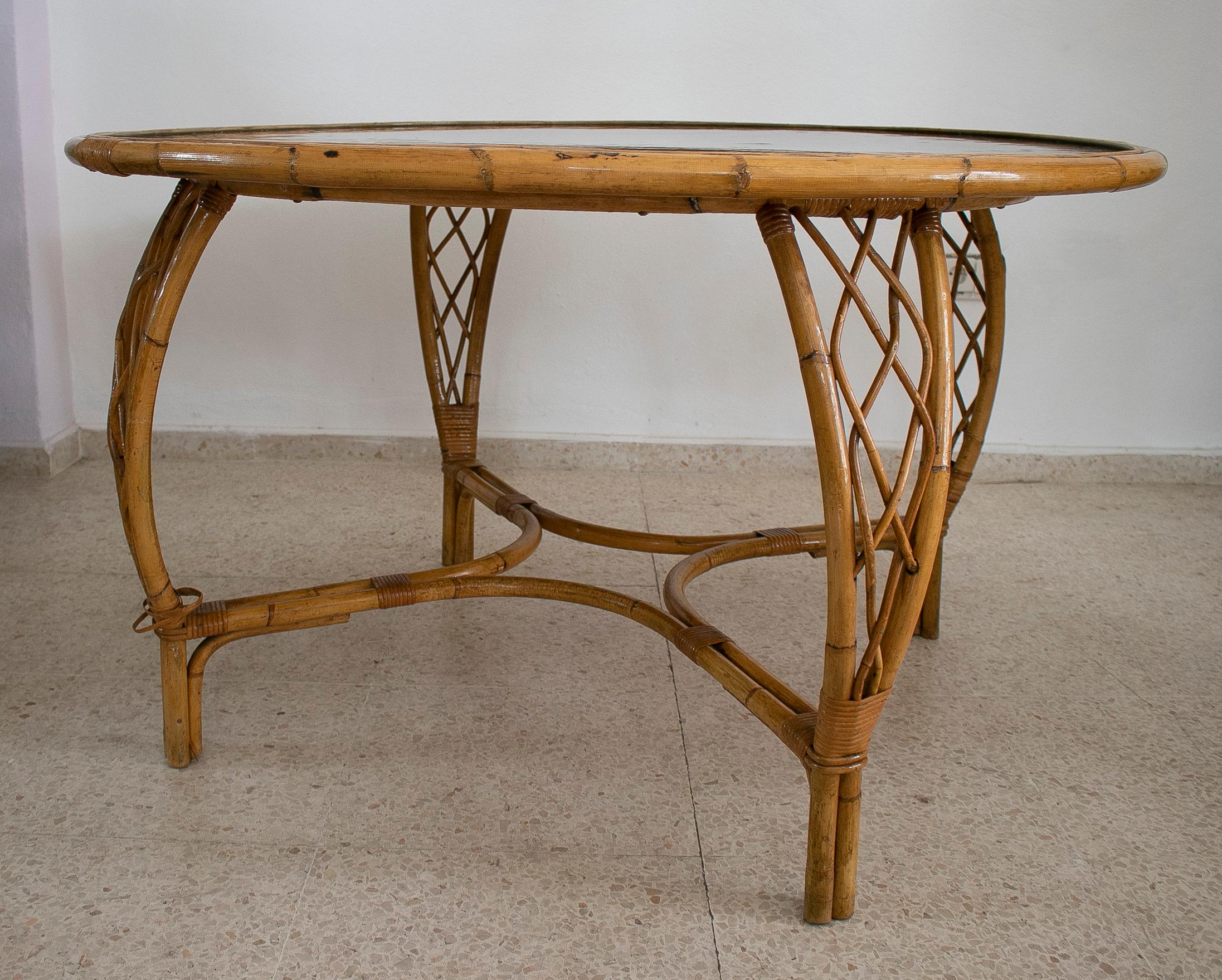 1970s Spanish Round Bamboo Table w/ Black Formica Top For Sale 3