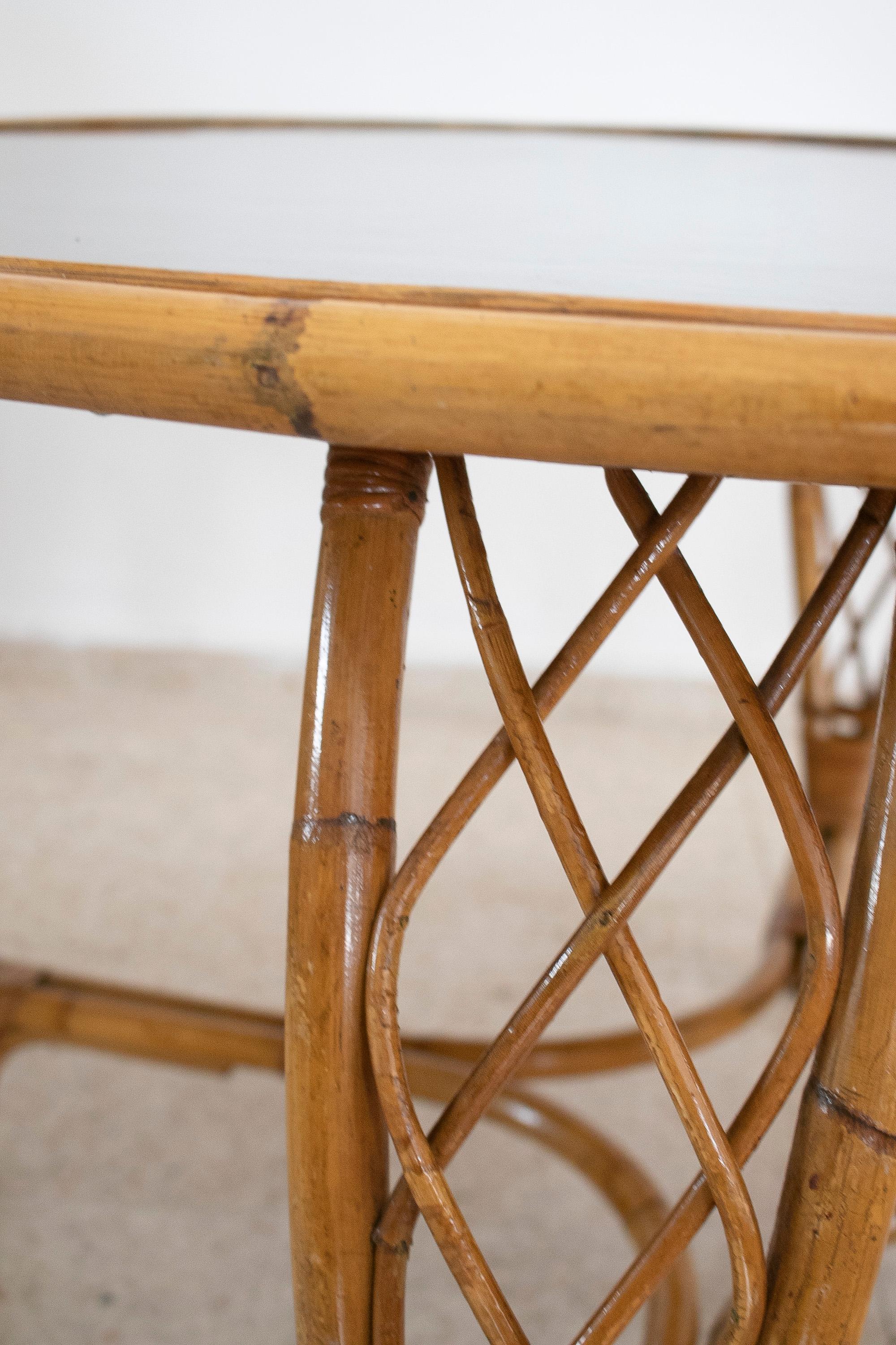 1970s Spanish Round Bamboo Table w/ Black Formica Top For Sale 4