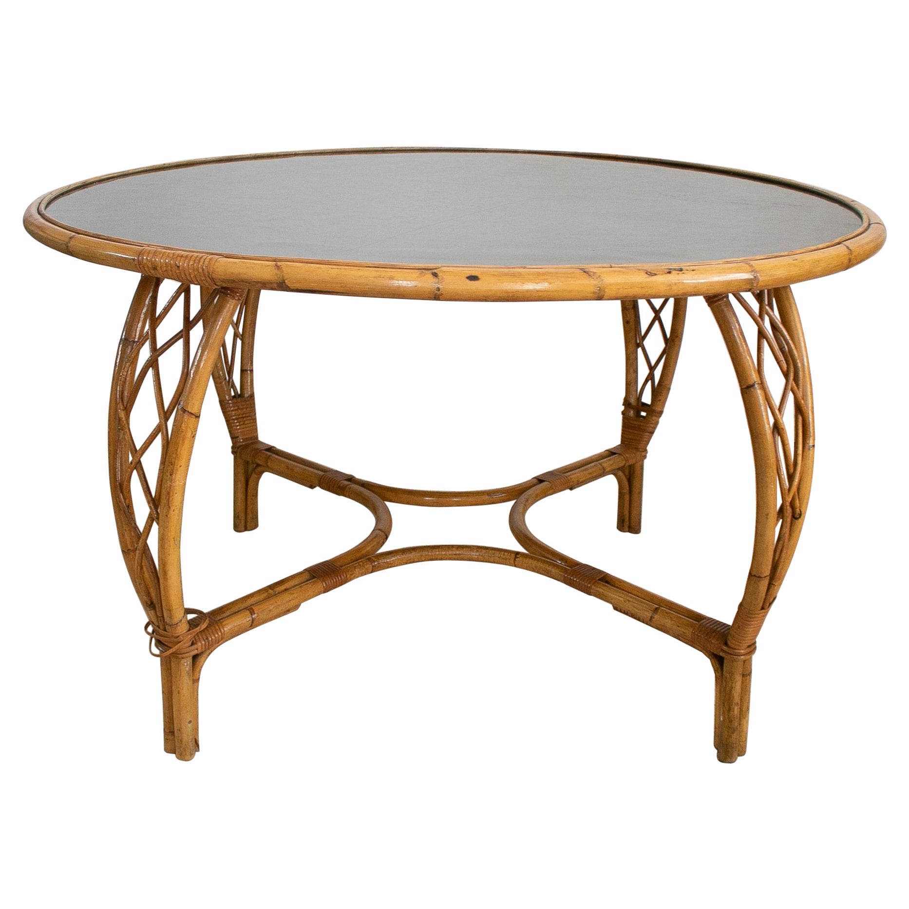 1970 Spanish Round Bamboo Table with Black Formica Top en vente