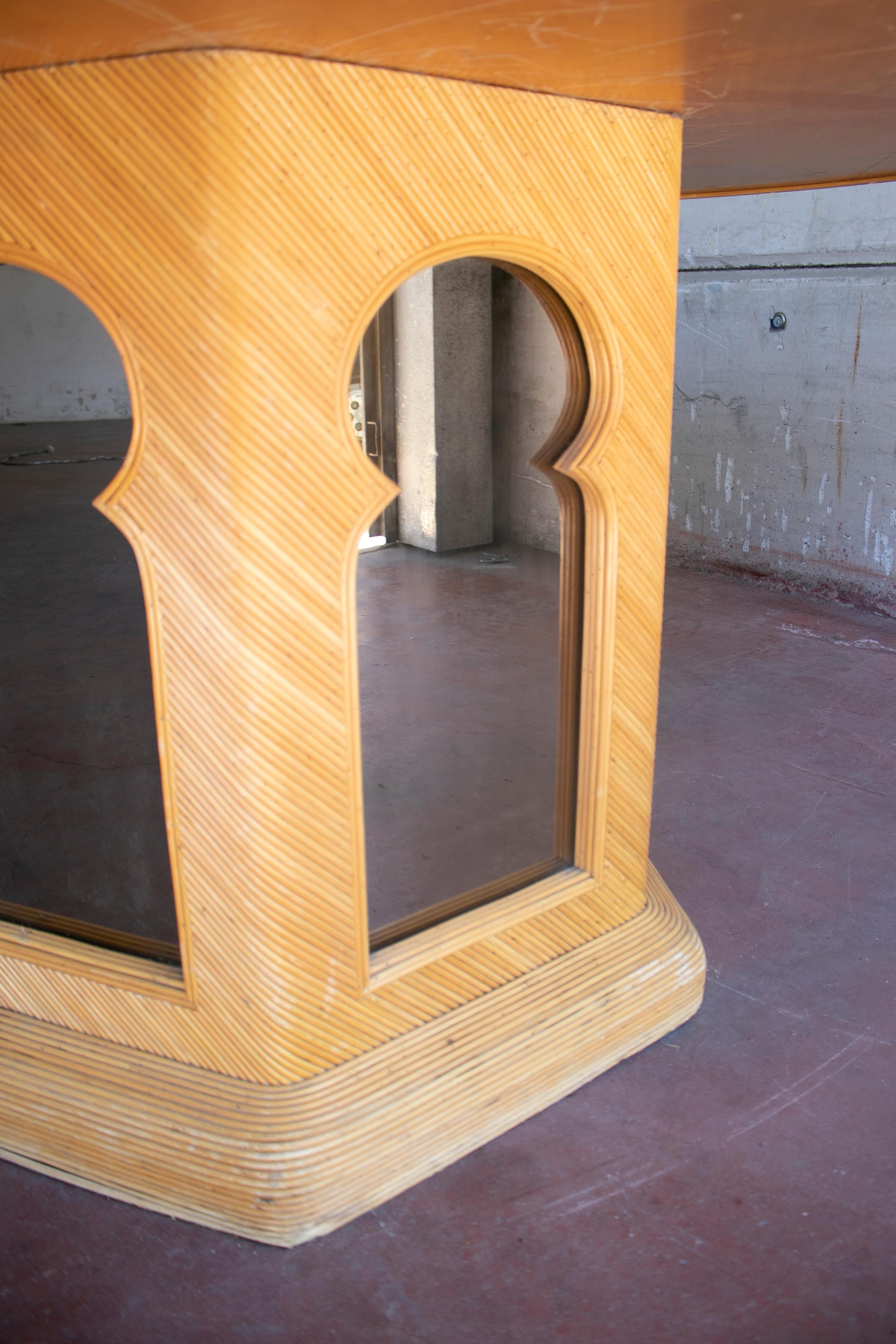1970s Spanish Round Bamboo Table with Mirror Top & Andalusian Arches For Sale 9