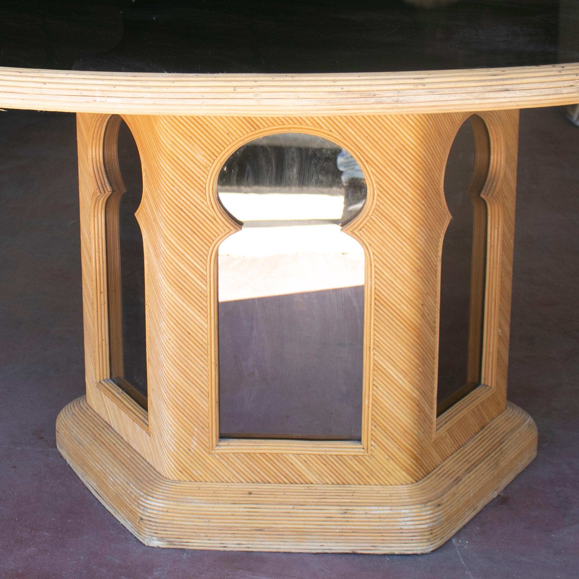 20th Century 1970s Spanish Round Bamboo Table with Mirror Top & Andalusian Arches For Sale
