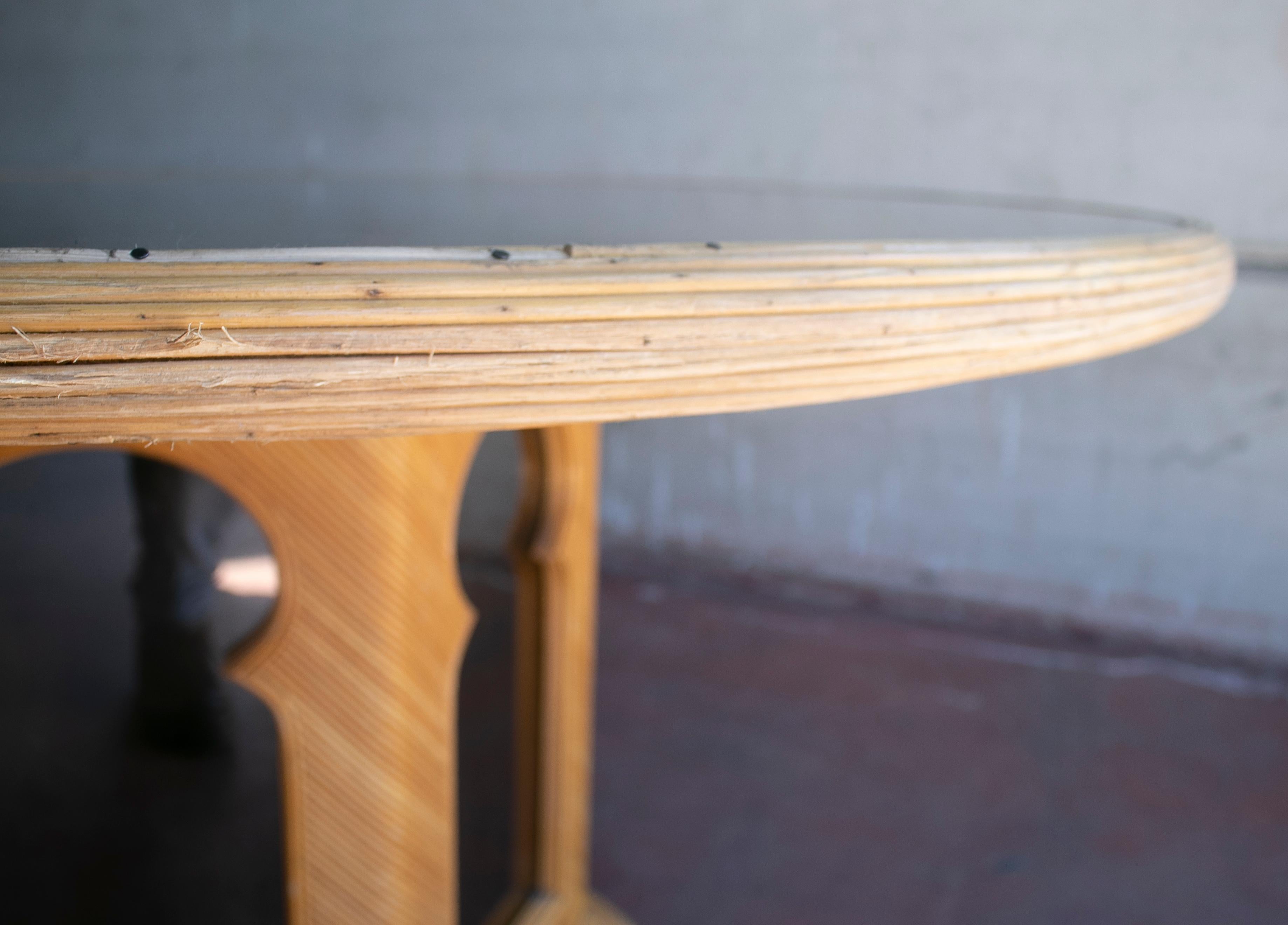 1970s Spanish Round Bamboo Table with Mirror Top & Andalusian Arches For Sale 1