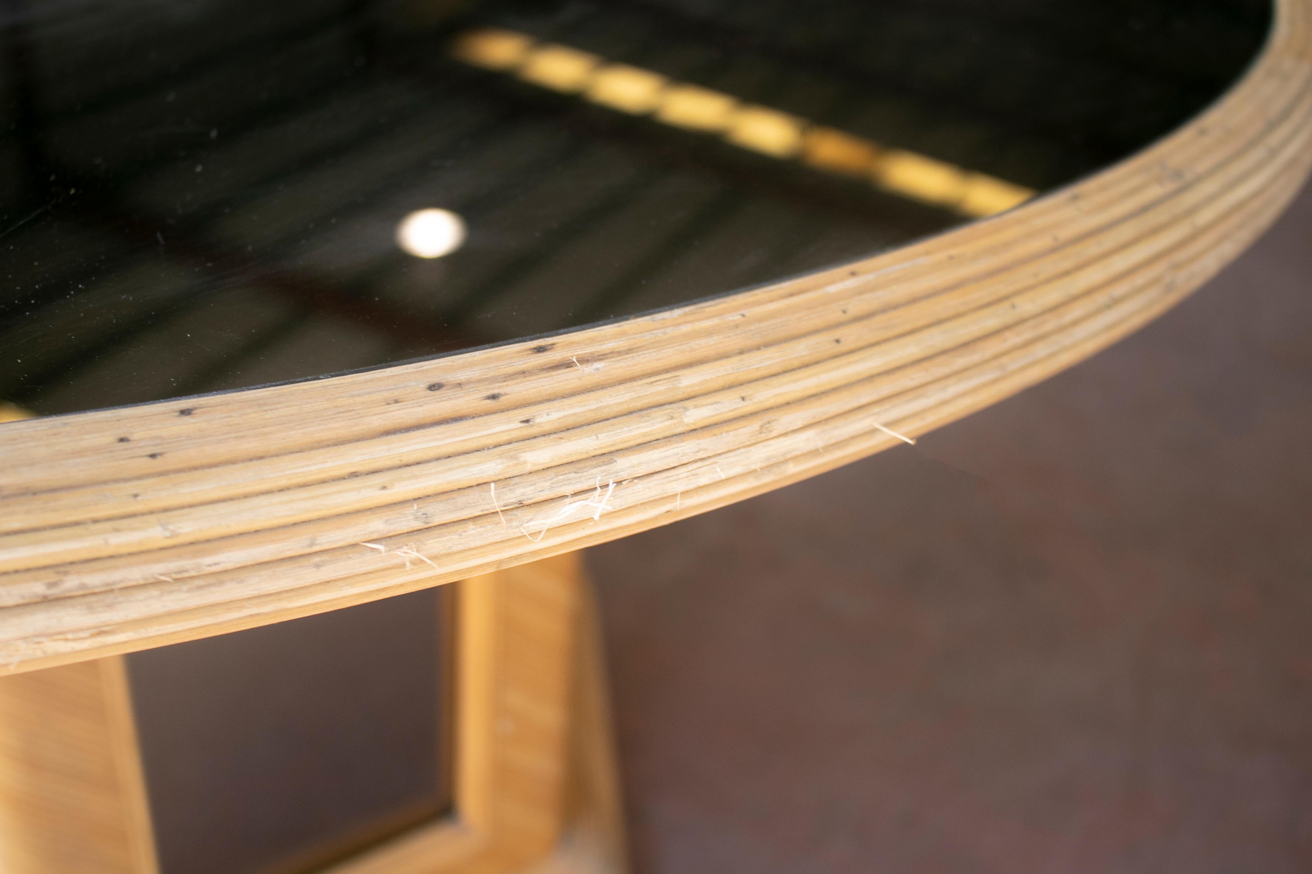 1970s Spanish Round Bamboo Table with Mirror Top & Andalusian Arches For Sale 2