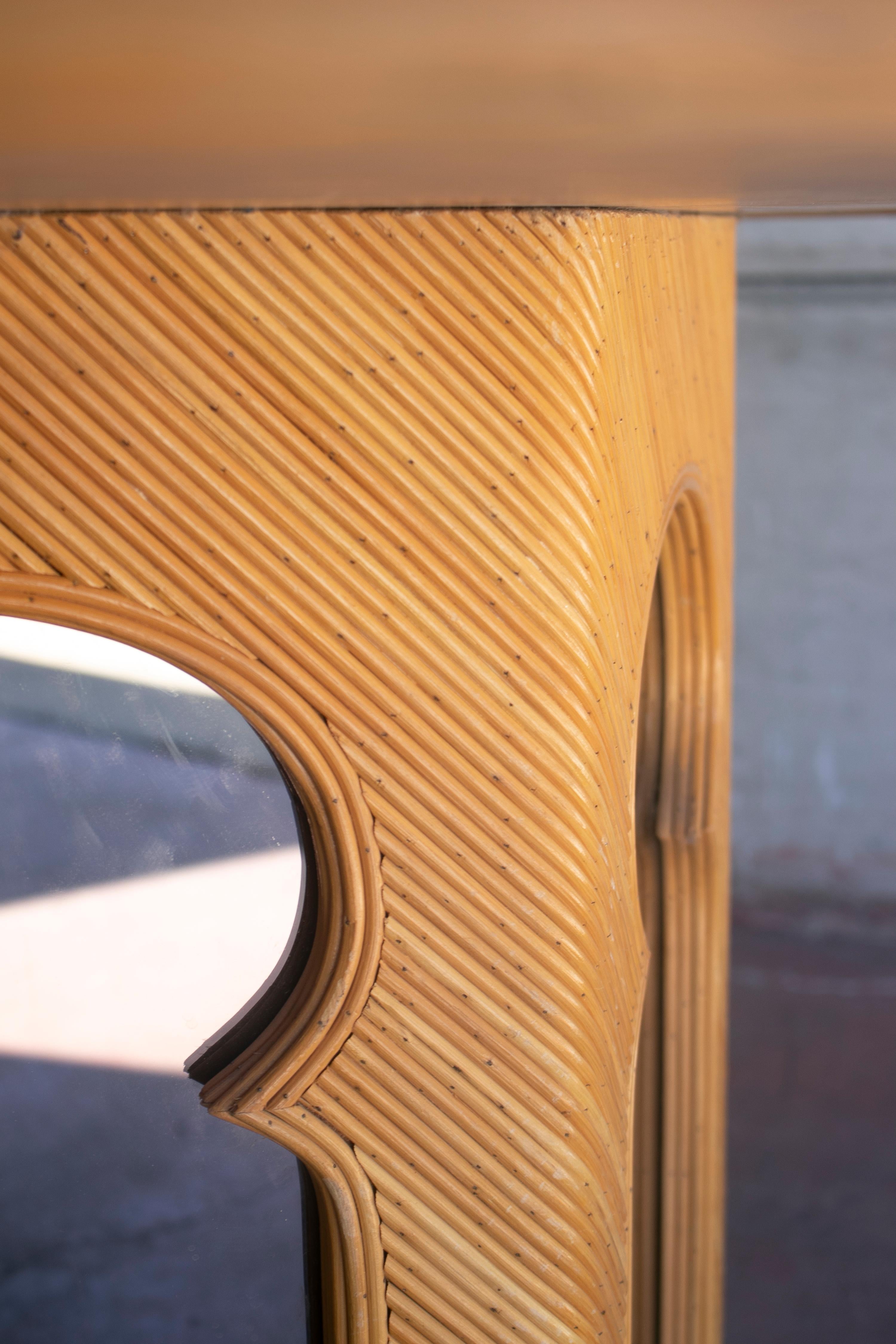 1970s Spanish Round Bamboo Table with Mirror Top & Andalusian Arches For Sale 4