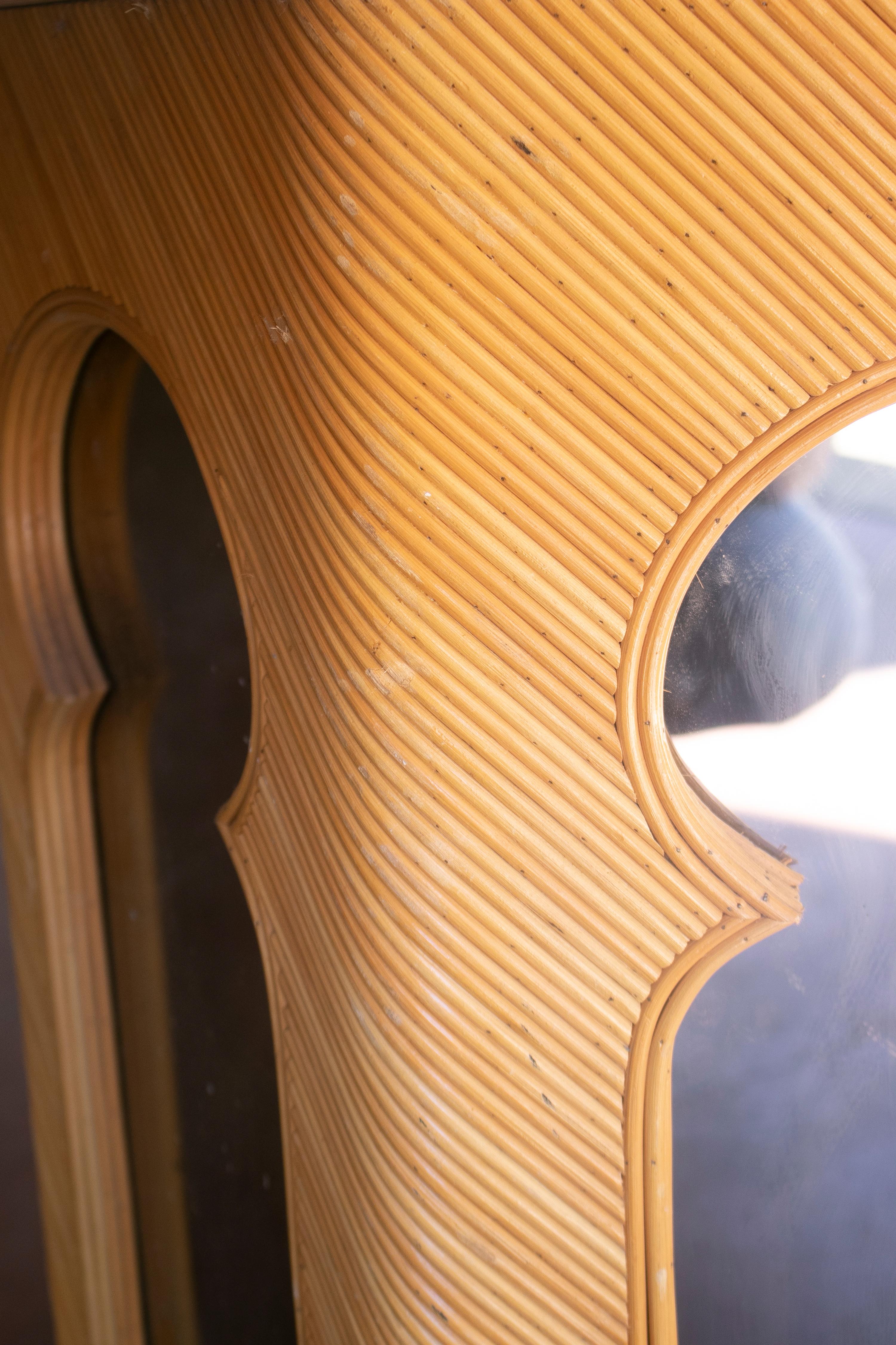 1970s Spanish Round Bamboo Table with Mirror Top & Andalusian Arches For Sale 5