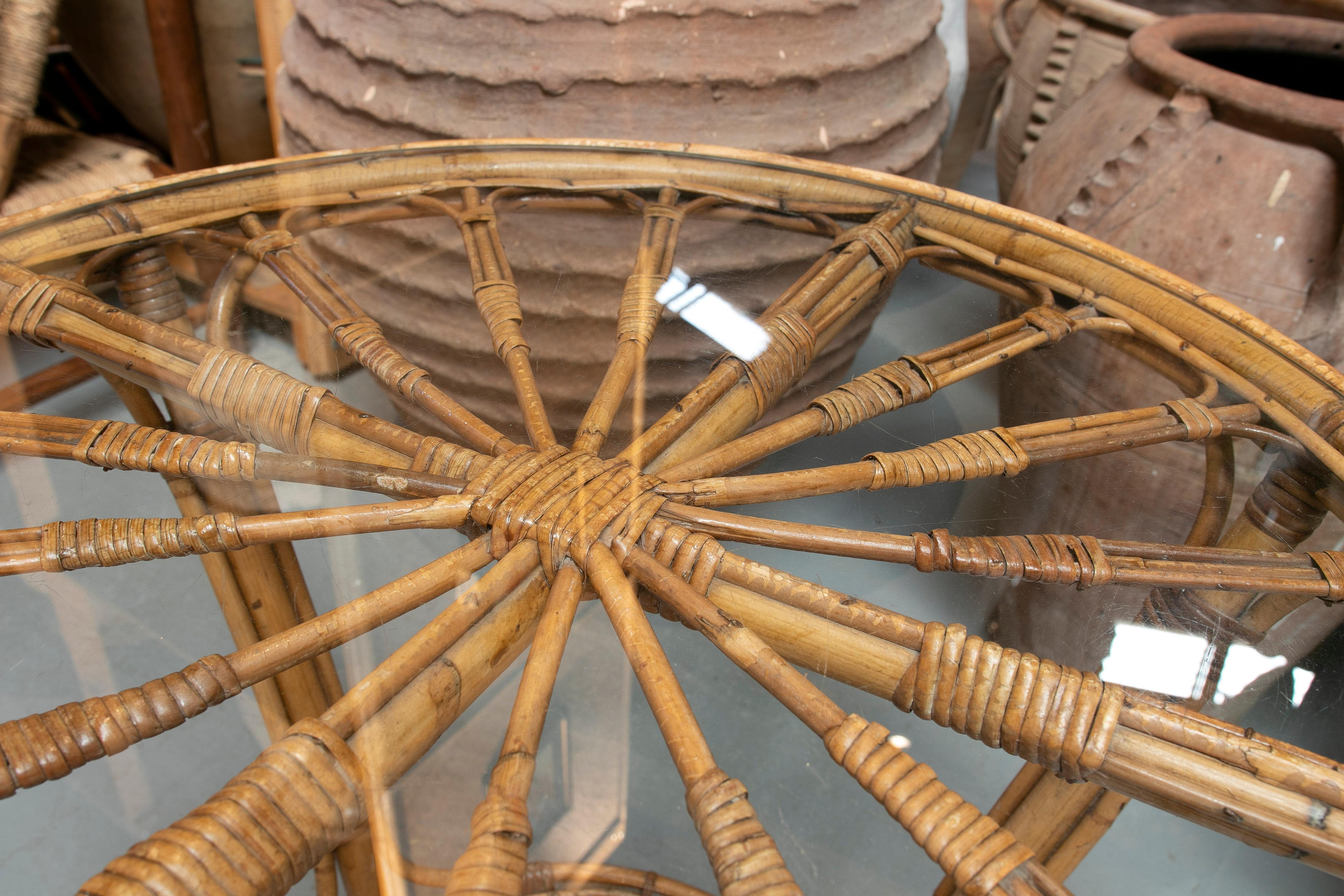 1970s Spanish Round Bamboo & Woven Wicker Table 6