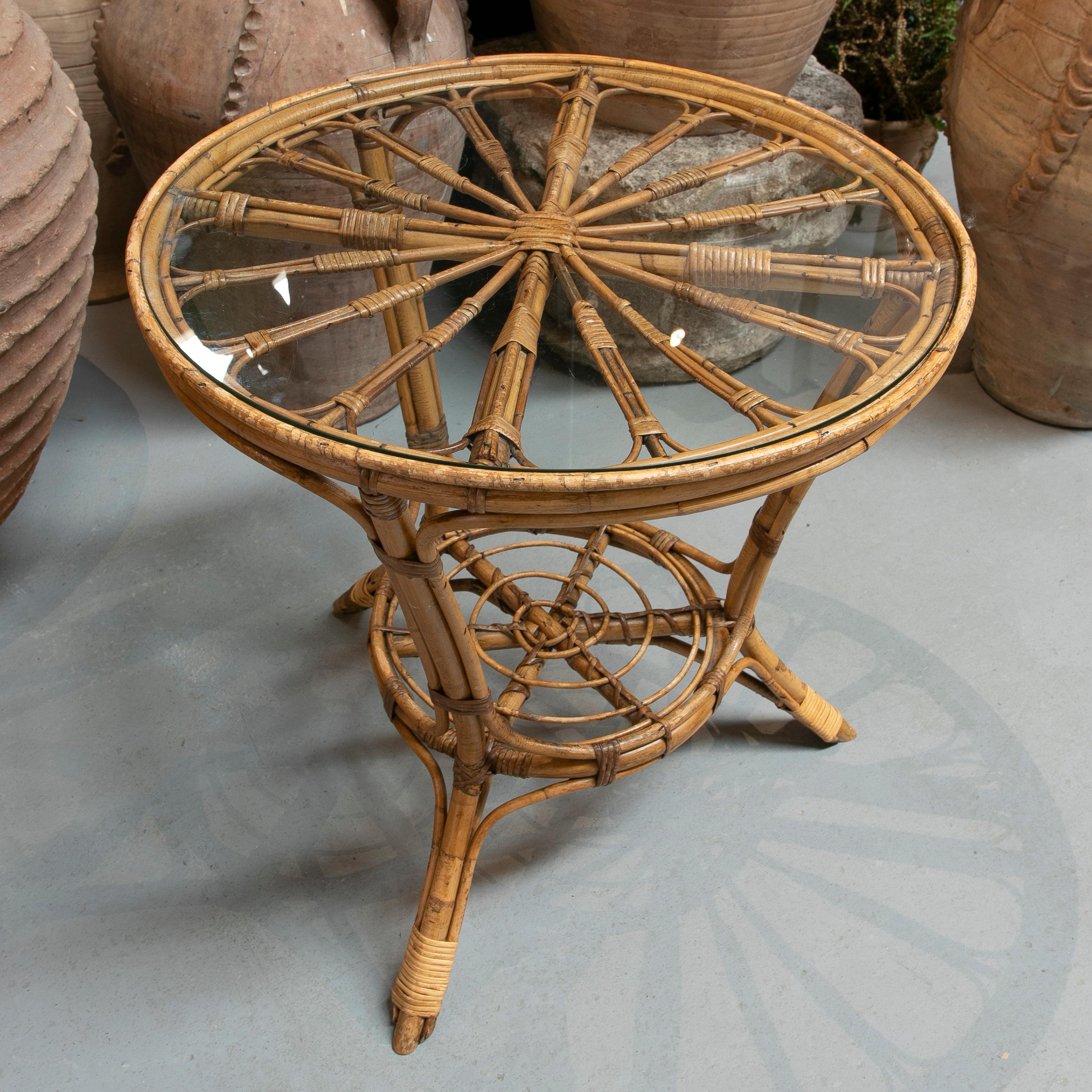 1970s Spanish Round Bamboo & Woven Wicker Table 2