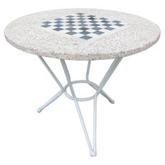 1970s Spanish Round Iron Garden Table w/ Chess Board Cast Stone Top