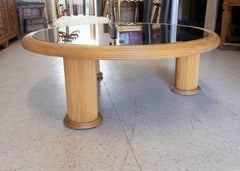 1970s Spanish Round Wicker Coffee Table with Dark Mirror on the Top