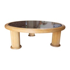 1970s Spanish Round Wicker Coffee Table with Dark Mirror on the Top
