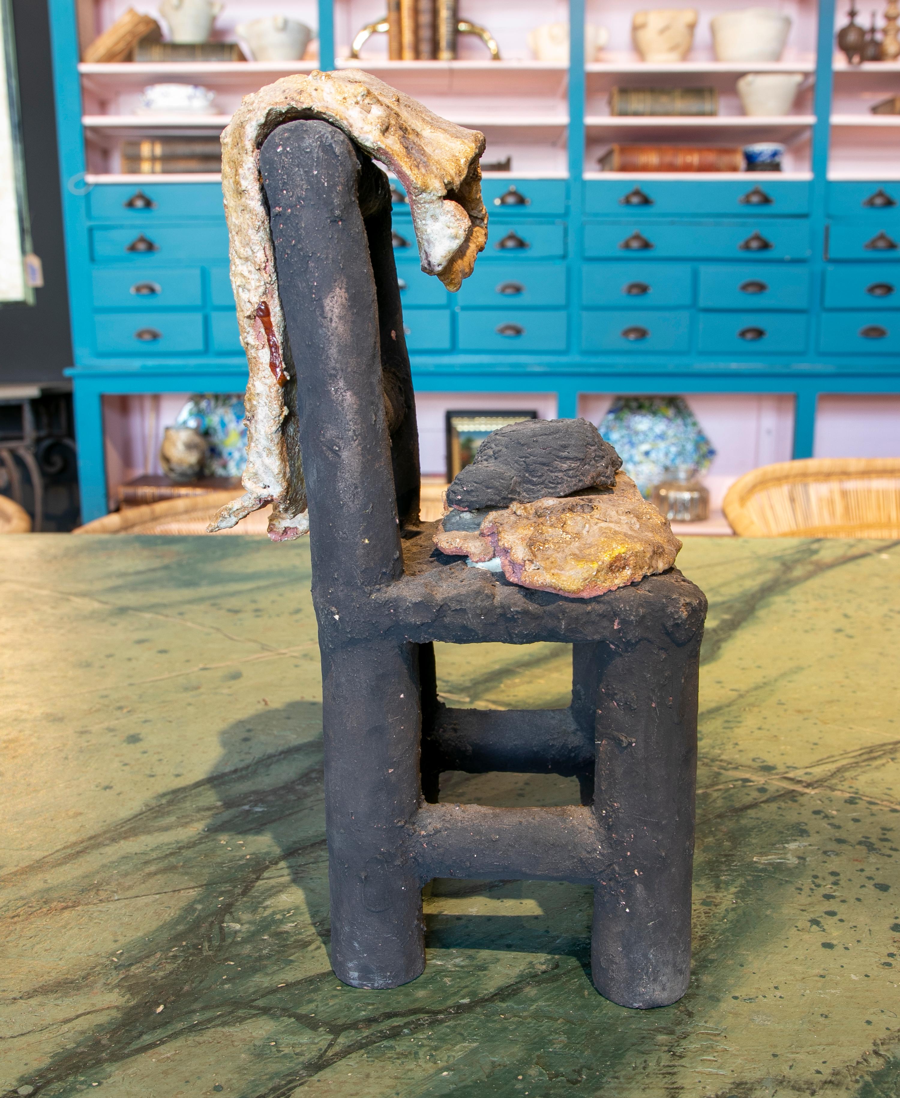 1970s Spanish Sculpted Terracotta Chair w/ Bullfighter's Montera Hat & Clothing For Sale 1