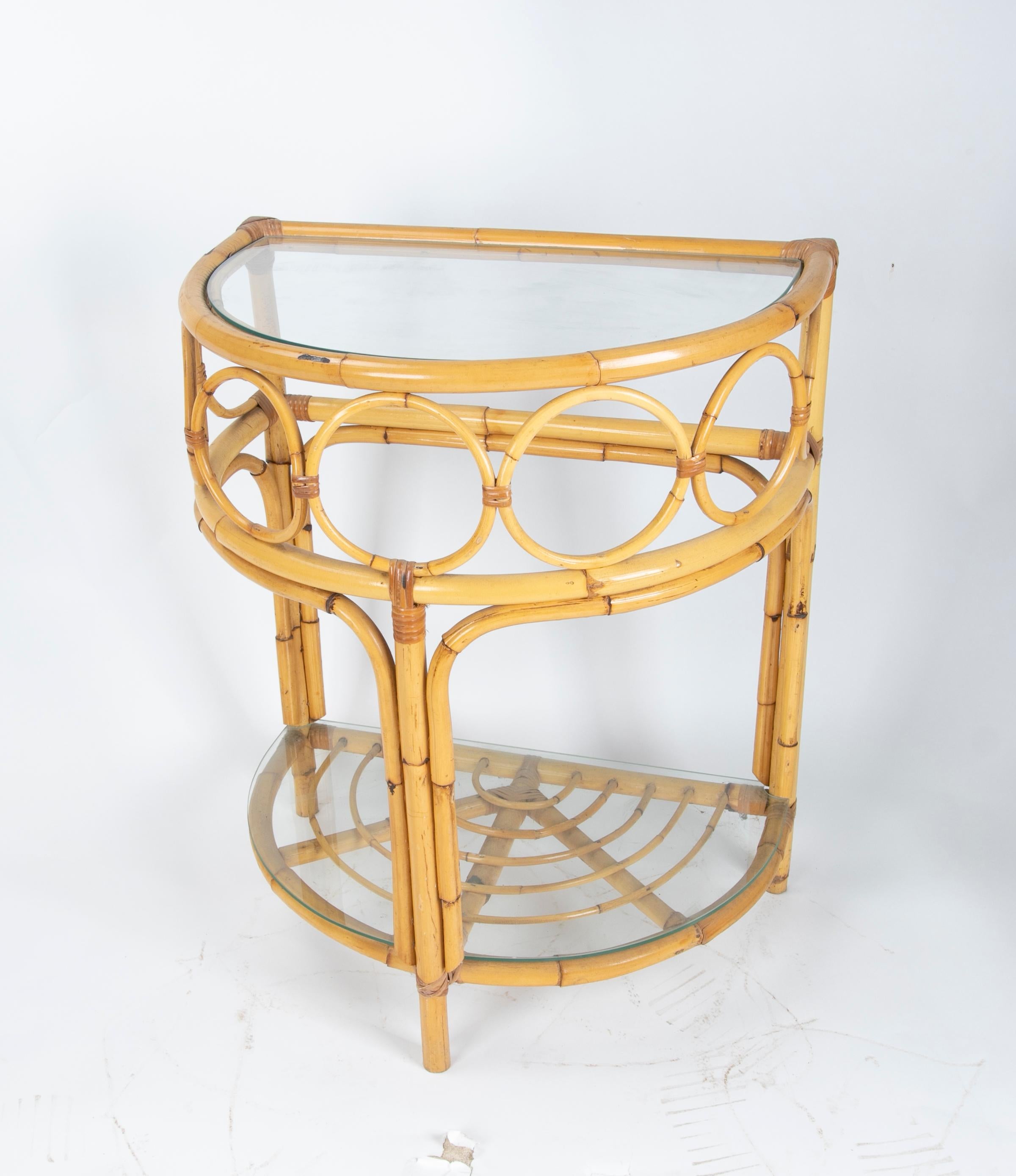 1970s Spanish Semicircular Bamboo Console with Glass Top For Sale 1