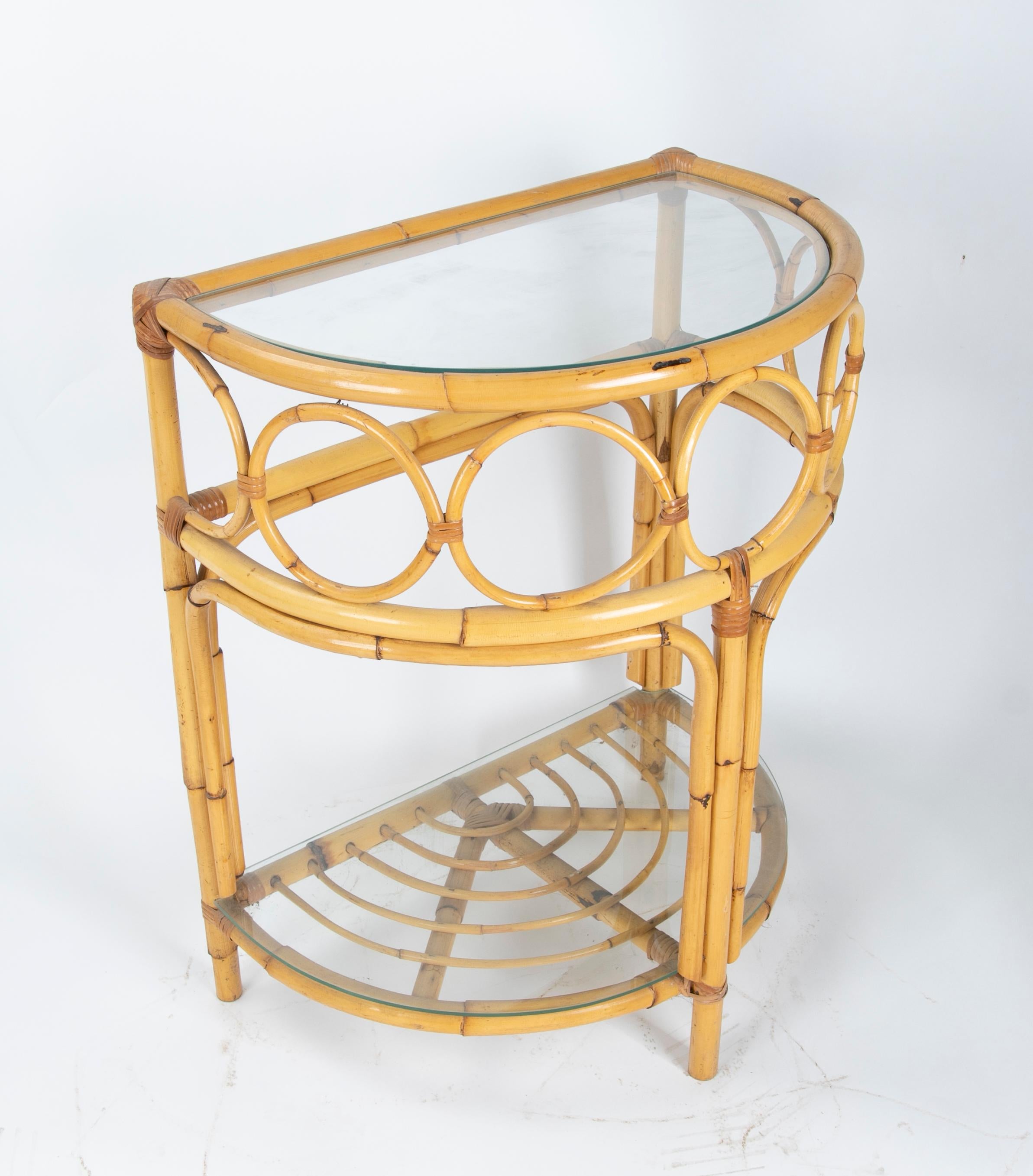 1970s Spanish Semicircular Bamboo Console with Glass Top For Sale 2