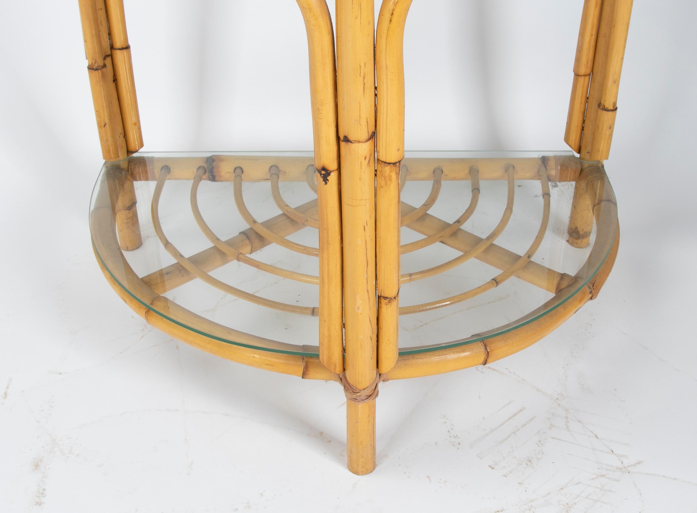 1970s Spanish Semicircular Bamboo Console with Glass Top For Sale 4