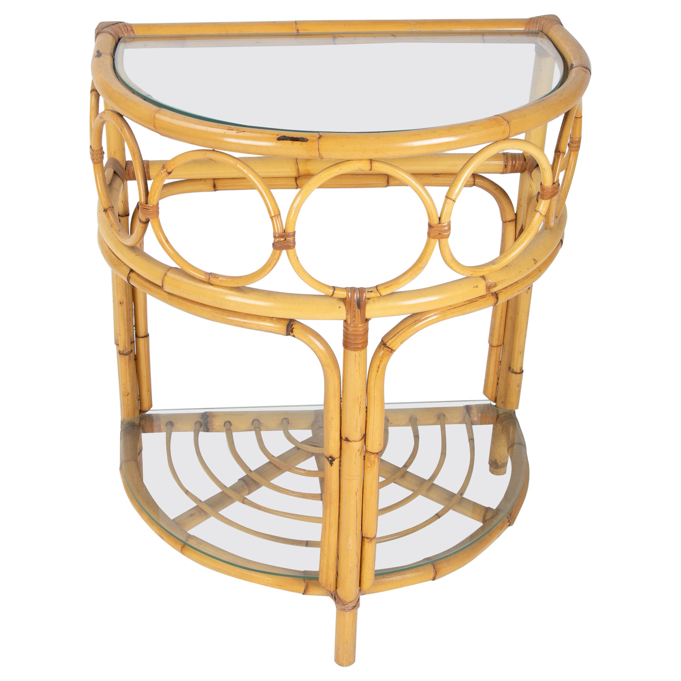 1970s Spanish Semicircular Bamboo Console with Glass Top