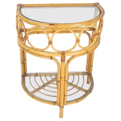 1970s Spanish Semicircular Bamboo Console with Glass Top