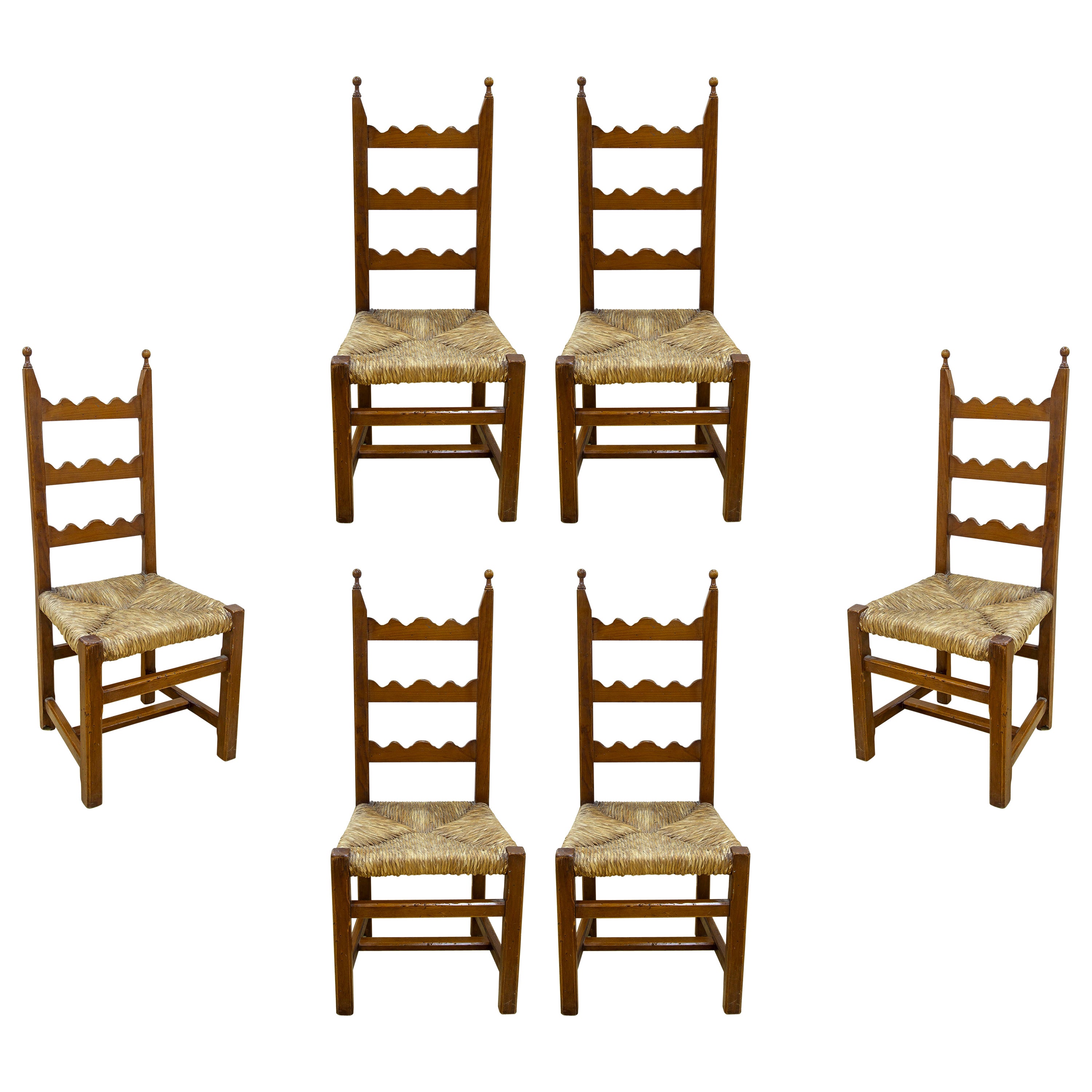Ensemble espagnol des années 1970 composé de six chaises en pin avec assise en jonc