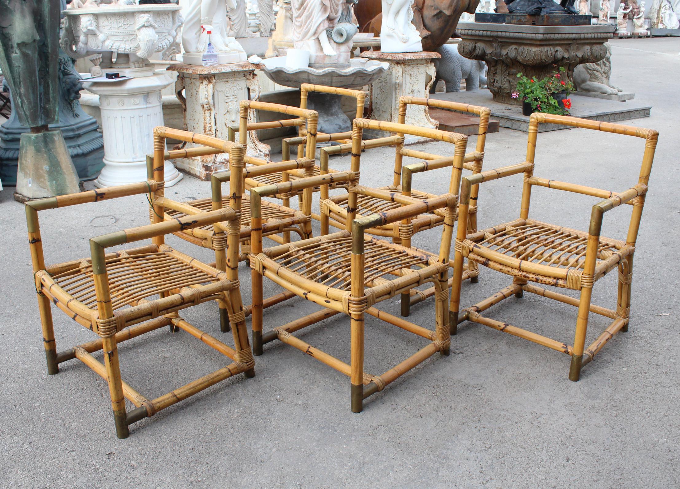 1970s Spanish set of 6 bamboo chairs with brass fittings.