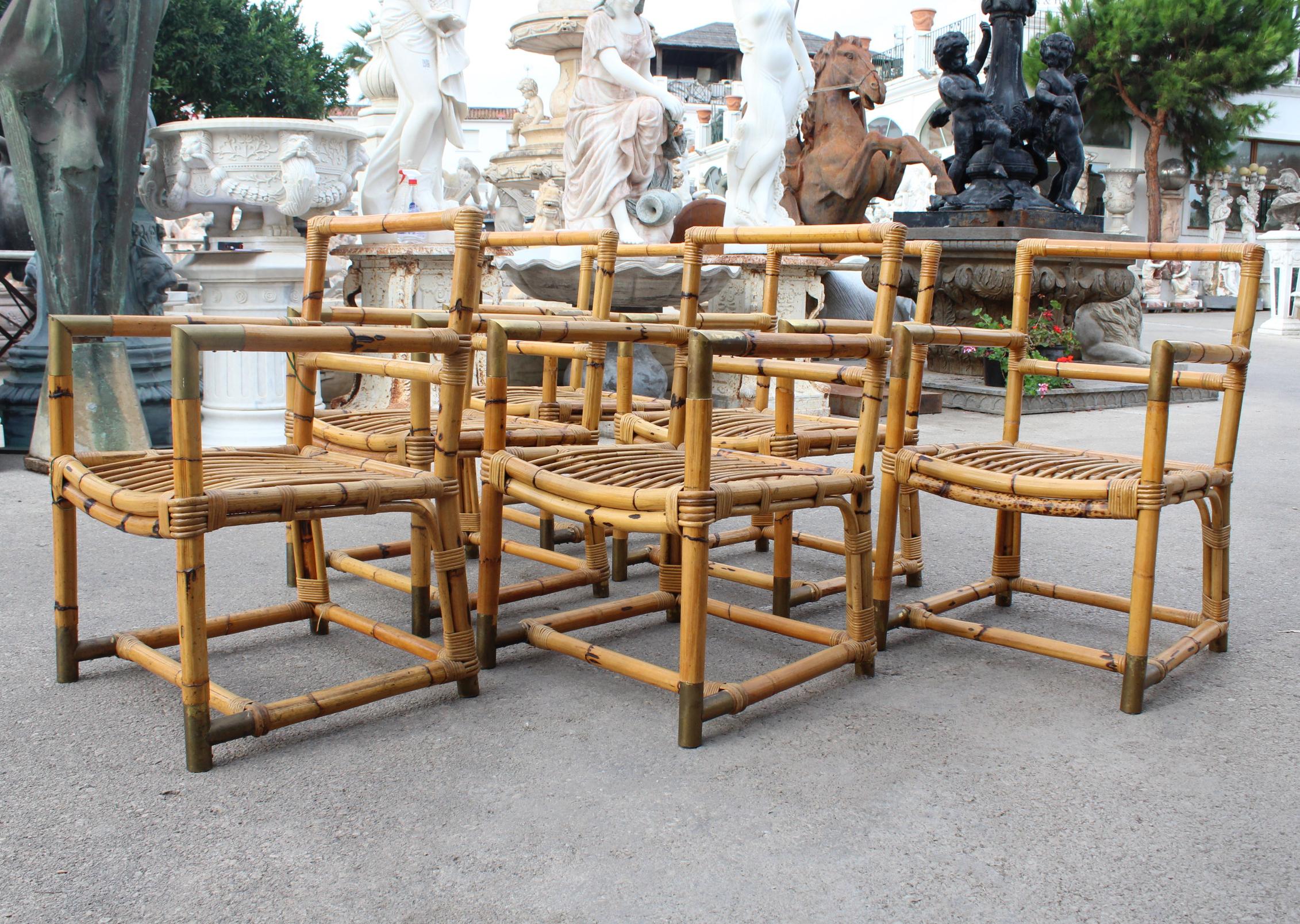 English 1970s Spanish Set of 6 Bamboo Chairs with Brass Fittings