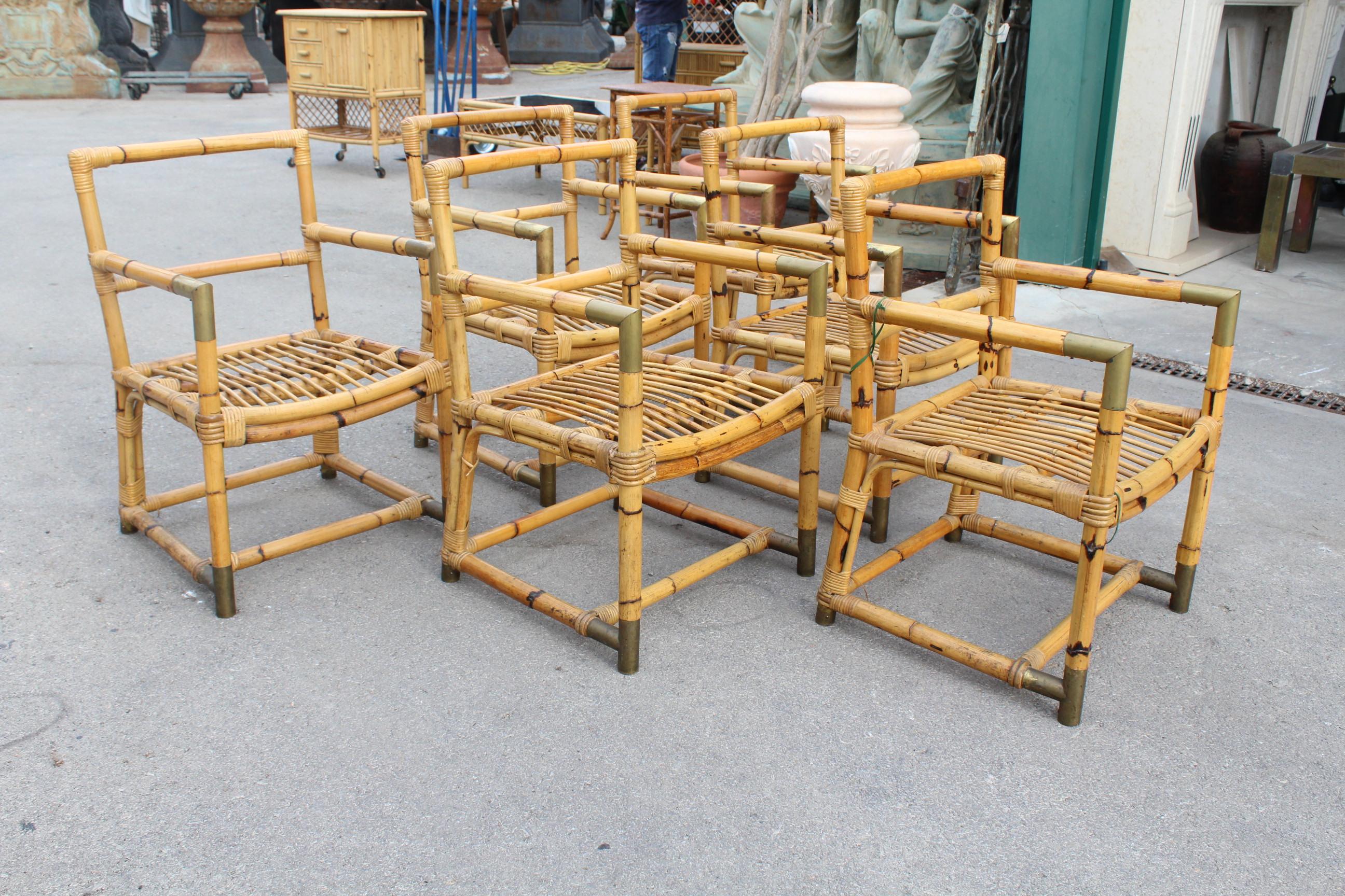 1970s Spanish Set of 6 Bamboo Chairs with Brass Fittings In Good Condition In Marbella, ES