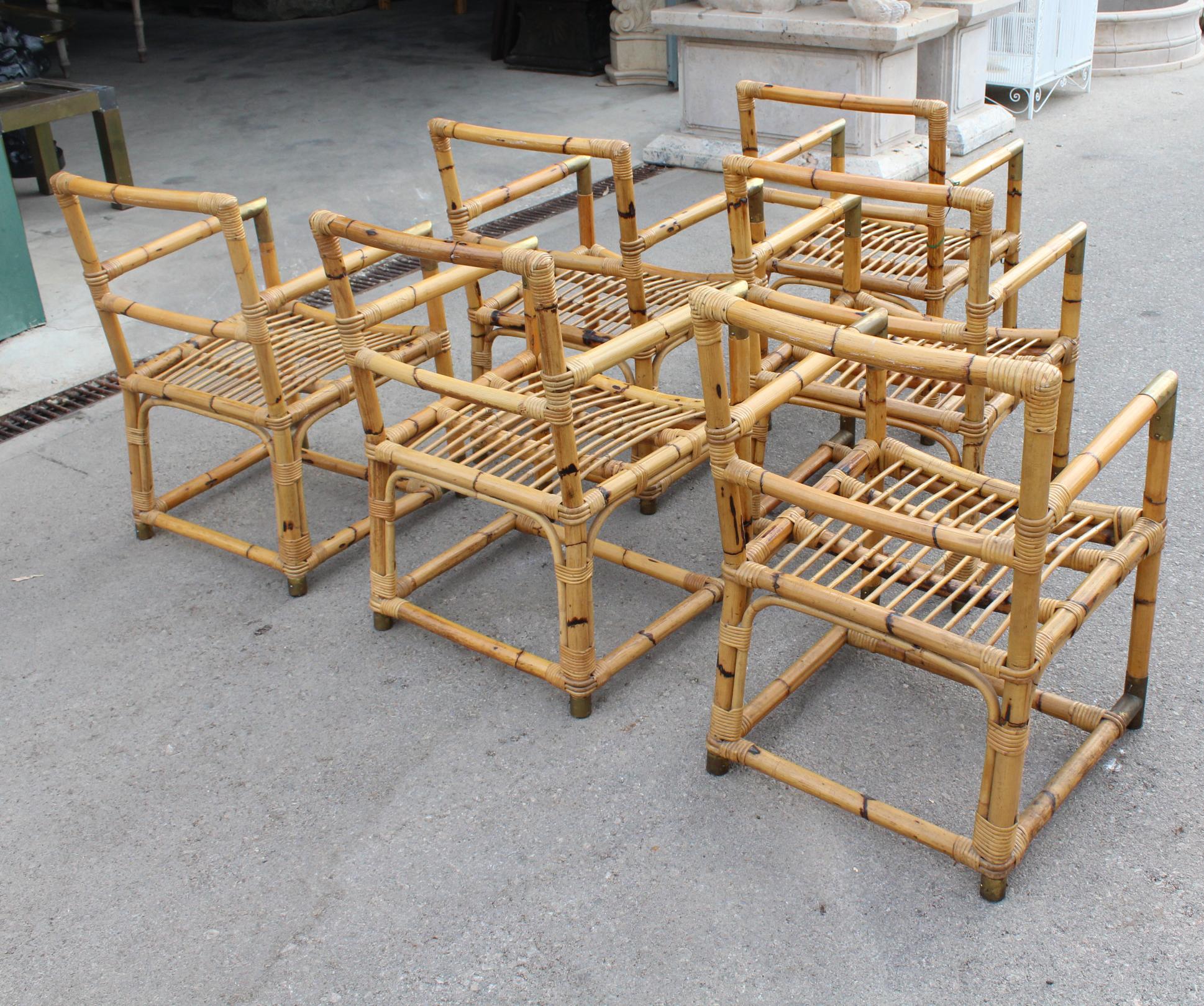 20th Century 1970s Spanish Set of 6 Bamboo Chairs with Brass Fittings