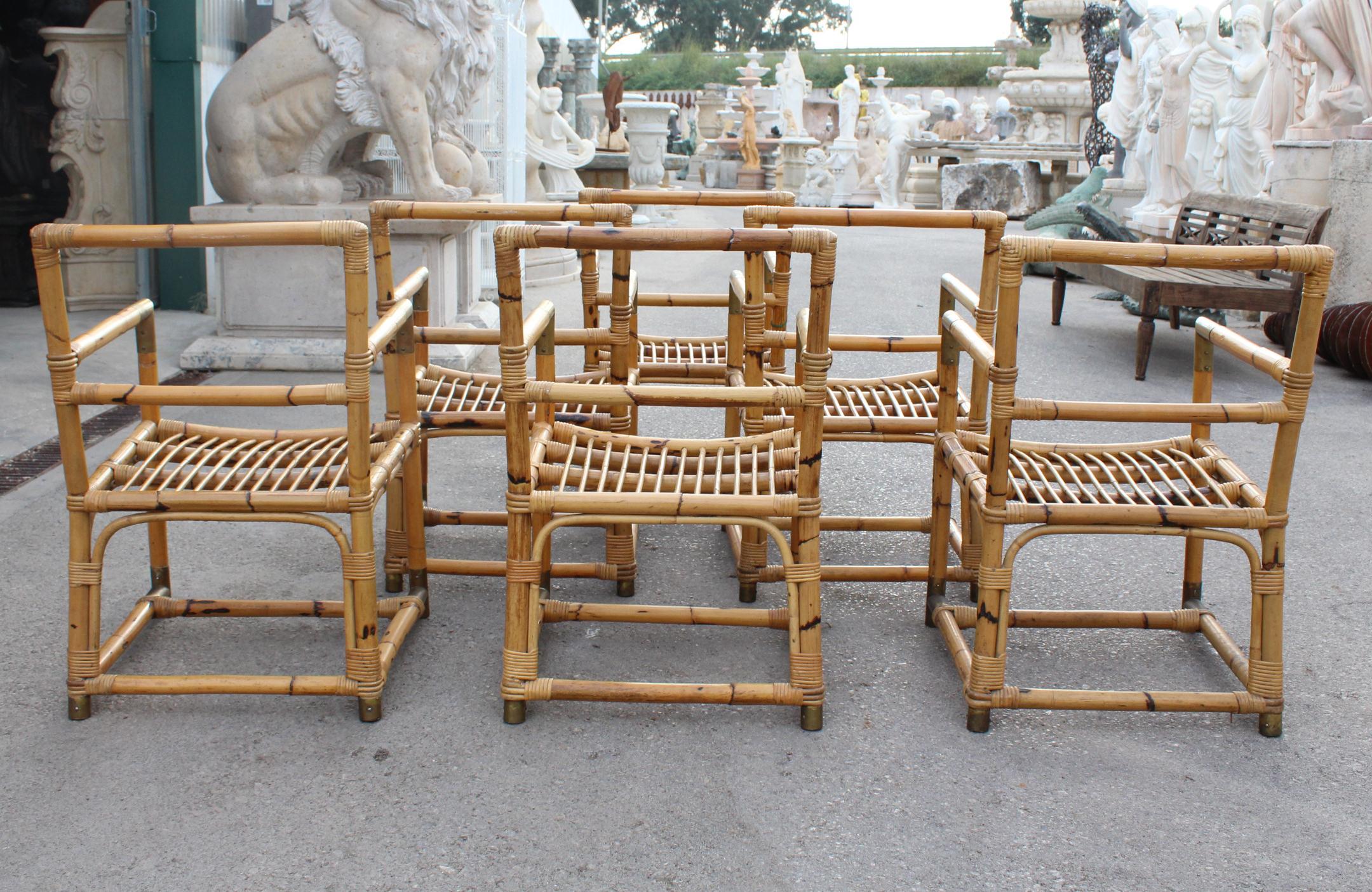 Bronze 1970s Spanish Set of 6 Bamboo Chairs with Brass Fittings
