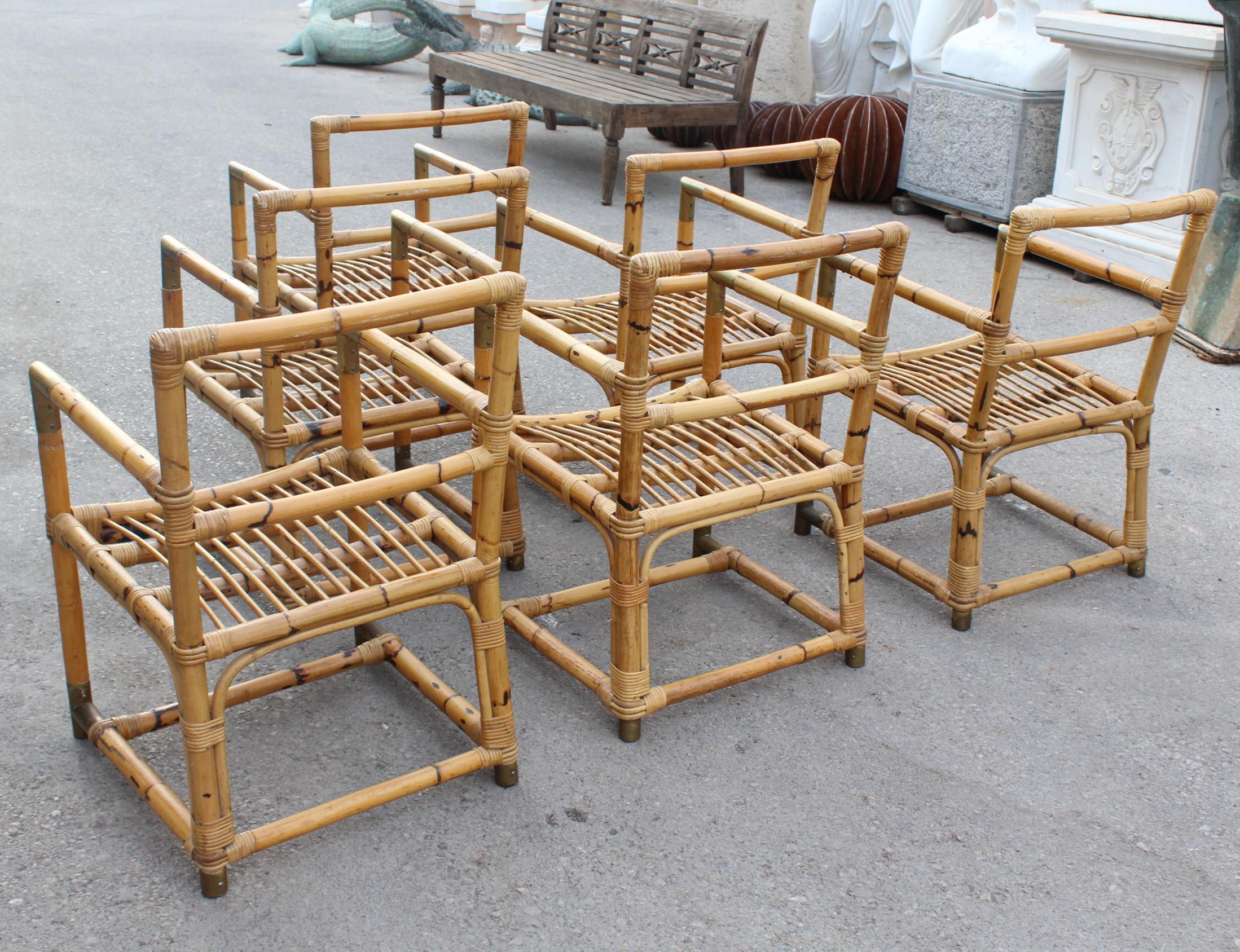 1970s Spanish Set of 6 Bamboo Chairs with Brass Fittings 1