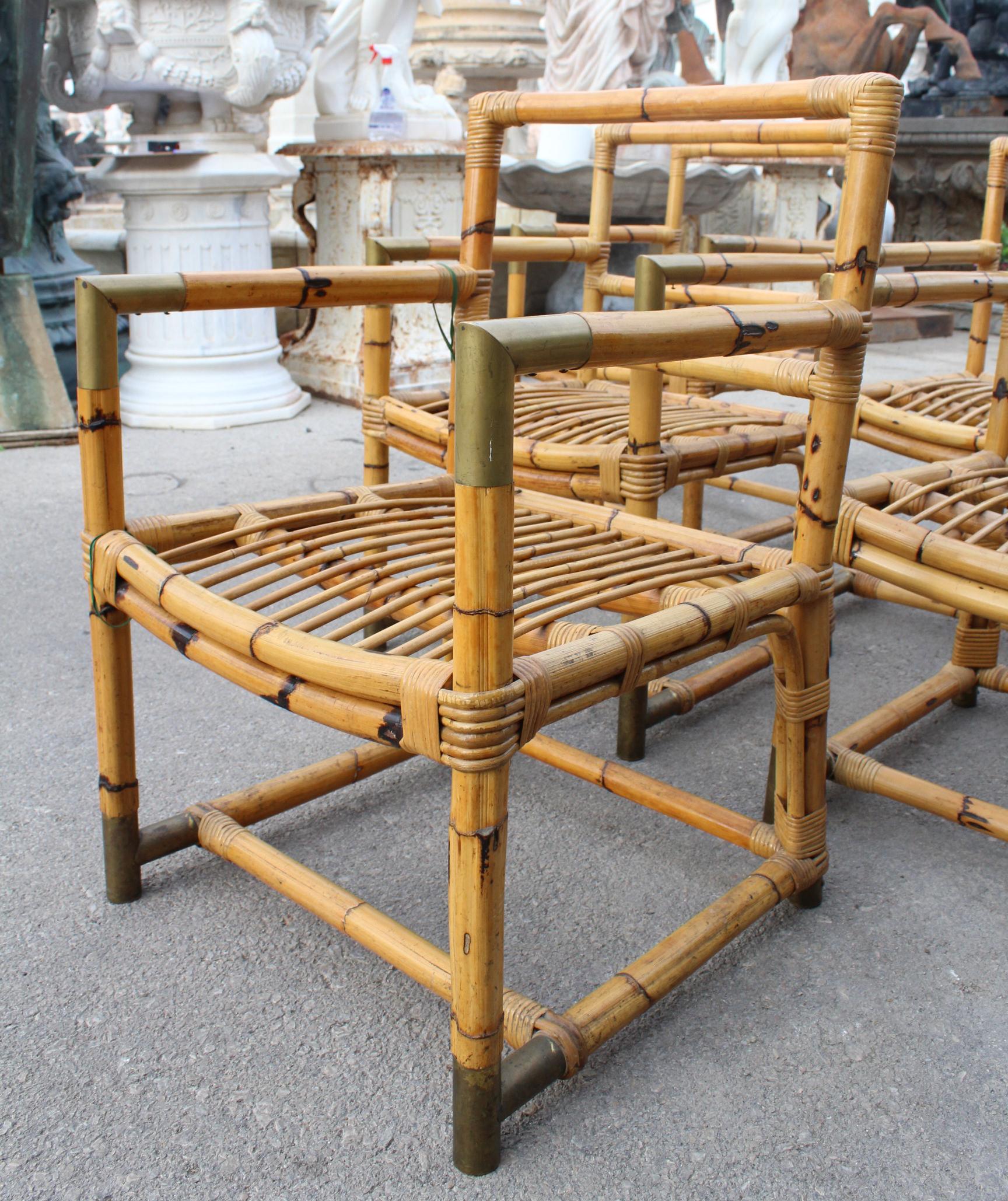 1970s Spanish Set of 6 Bamboo Chairs with Brass Fittings 2