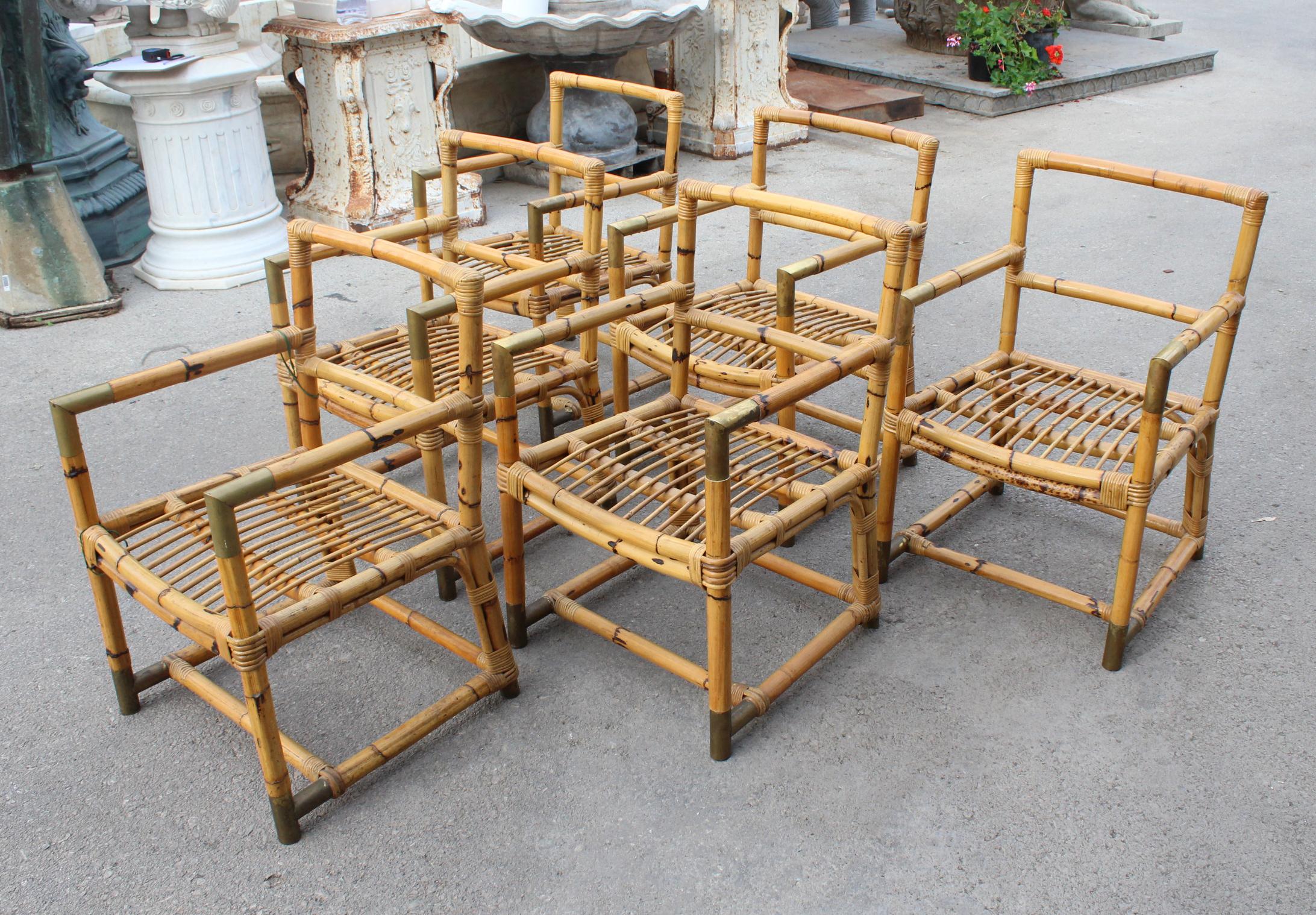 1970s Spanish Set of 6 Bamboo Chairs with Brass Fittings 3