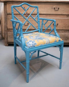 1970s Spanish Set of Eight Turquoise Lacquered Bamboo Reupholstered Armchairs