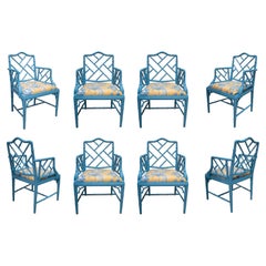 1970s Spanish Set of Eight Turquoise Lacquered Bamboo Reupholstered Armchairs