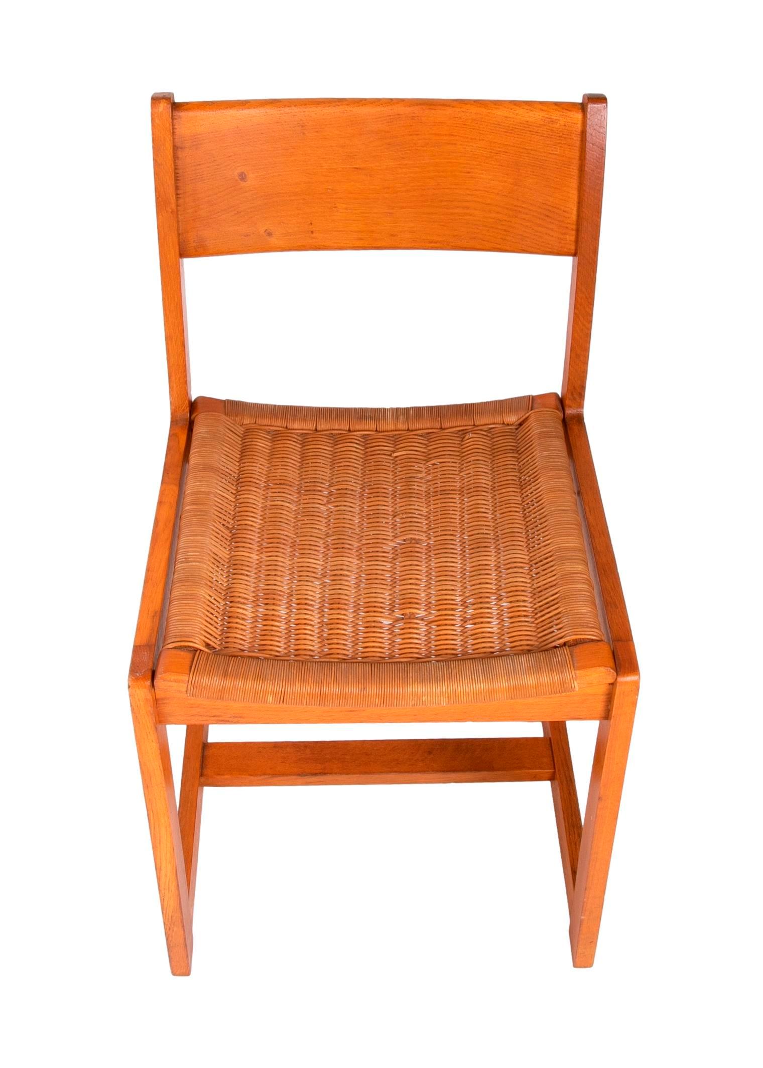 1970s Spanish Set of Four Wooden and Wicker Chairs  For Sale 7