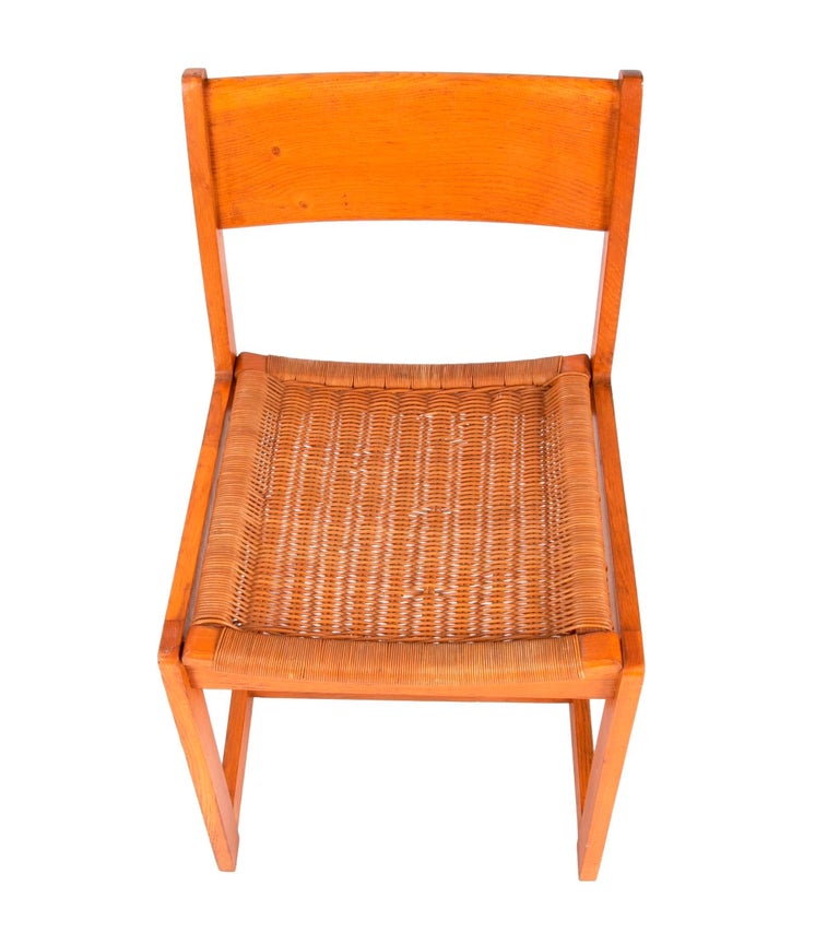1970s Spanish Set of Four Wooden and Wicker Chairs For Sale at 1stDibs