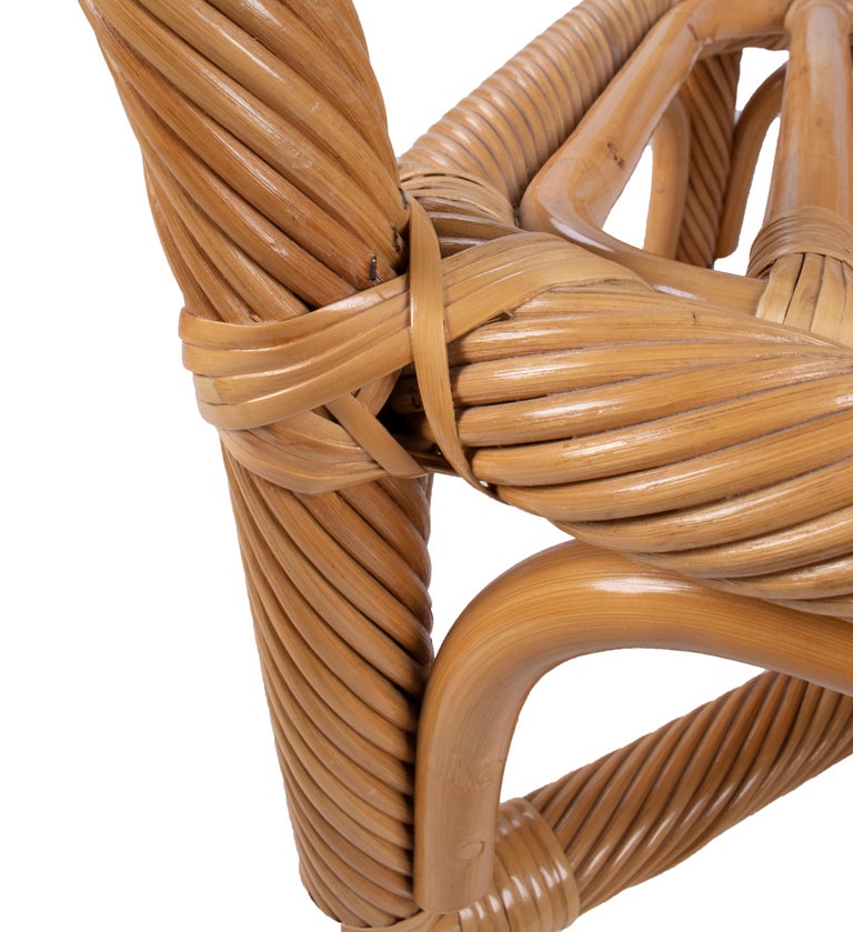 1970s Spanish Set of Six Bamboo and Wicker Handmade Armchairs For Sale