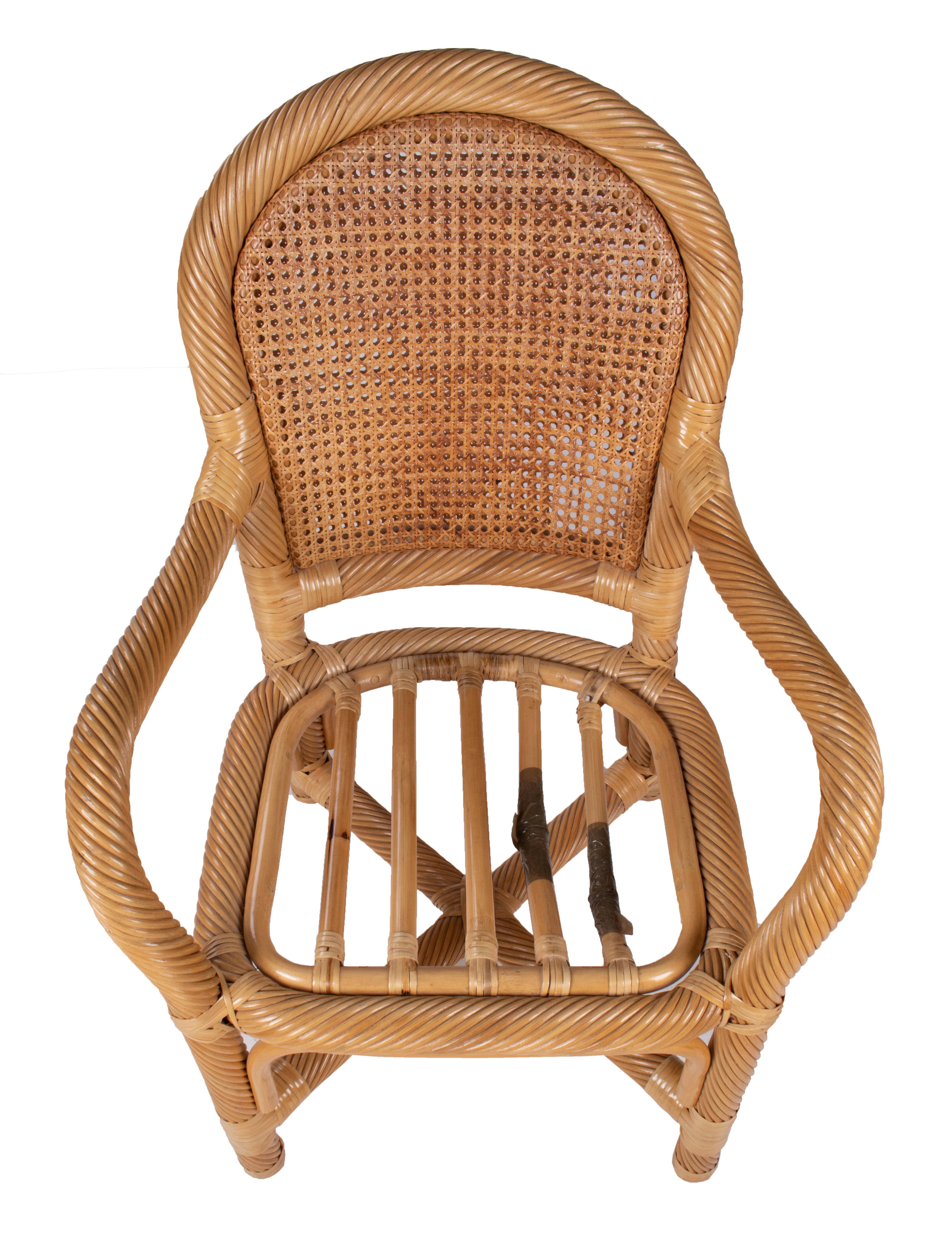 1970s Spanish Set of Six Bamboo and Wicker Handmade Armchairs For Sale 9