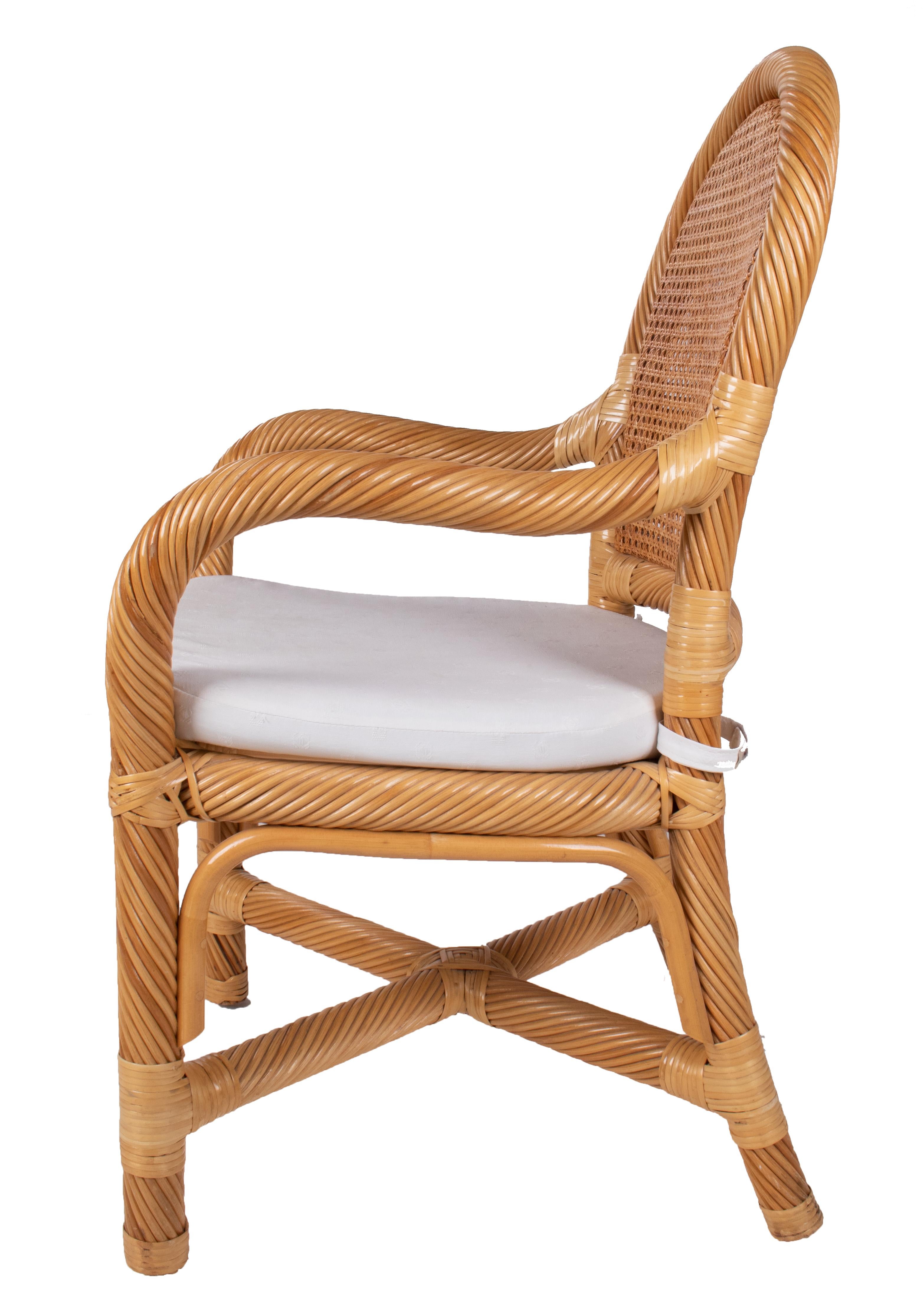 1970s Spanish set of six bamboo and wicker handmade armchairs.