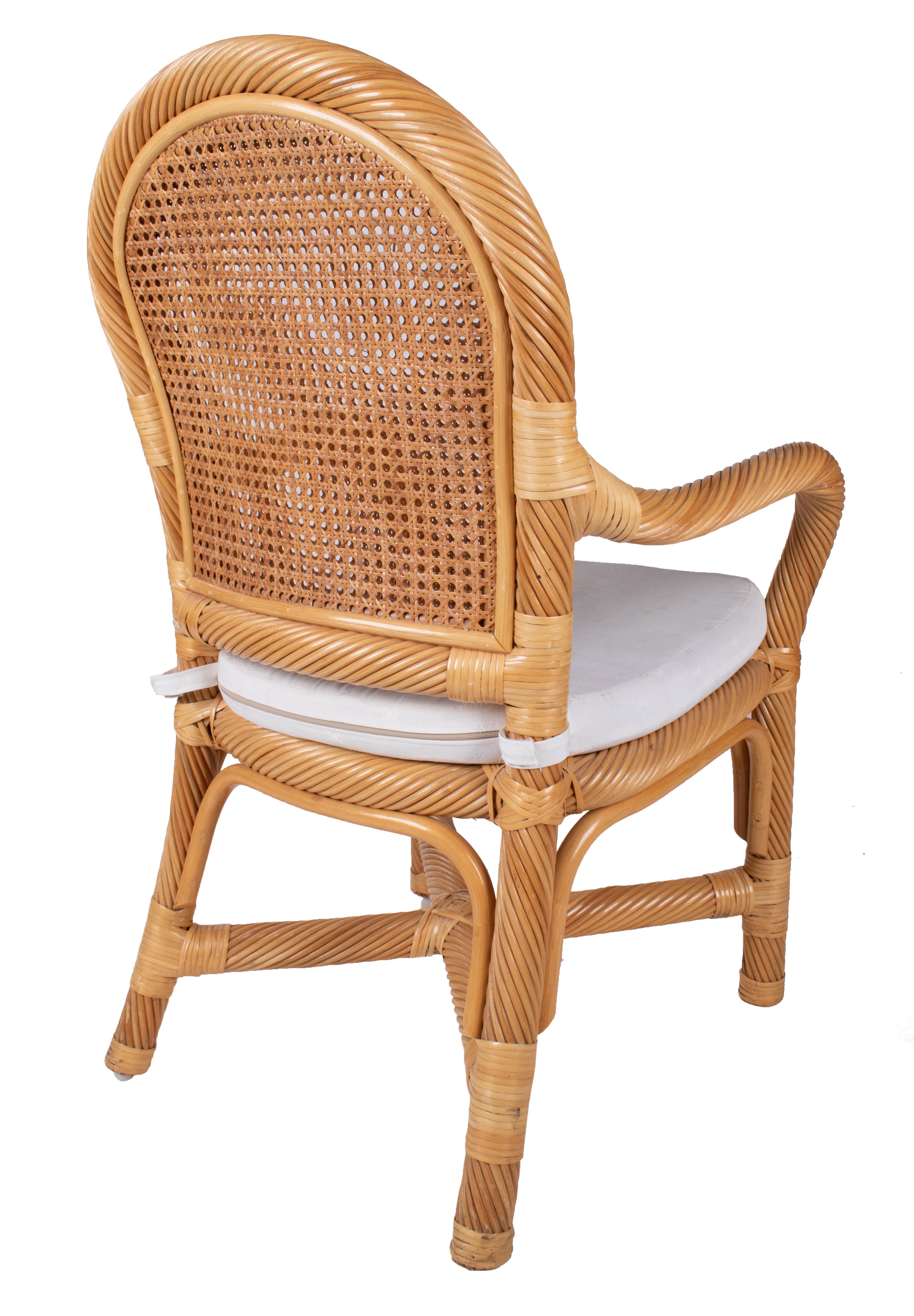 20th Century 1970s Spanish Set of Six Bamboo and Wicker Handmade Armchairs For Sale