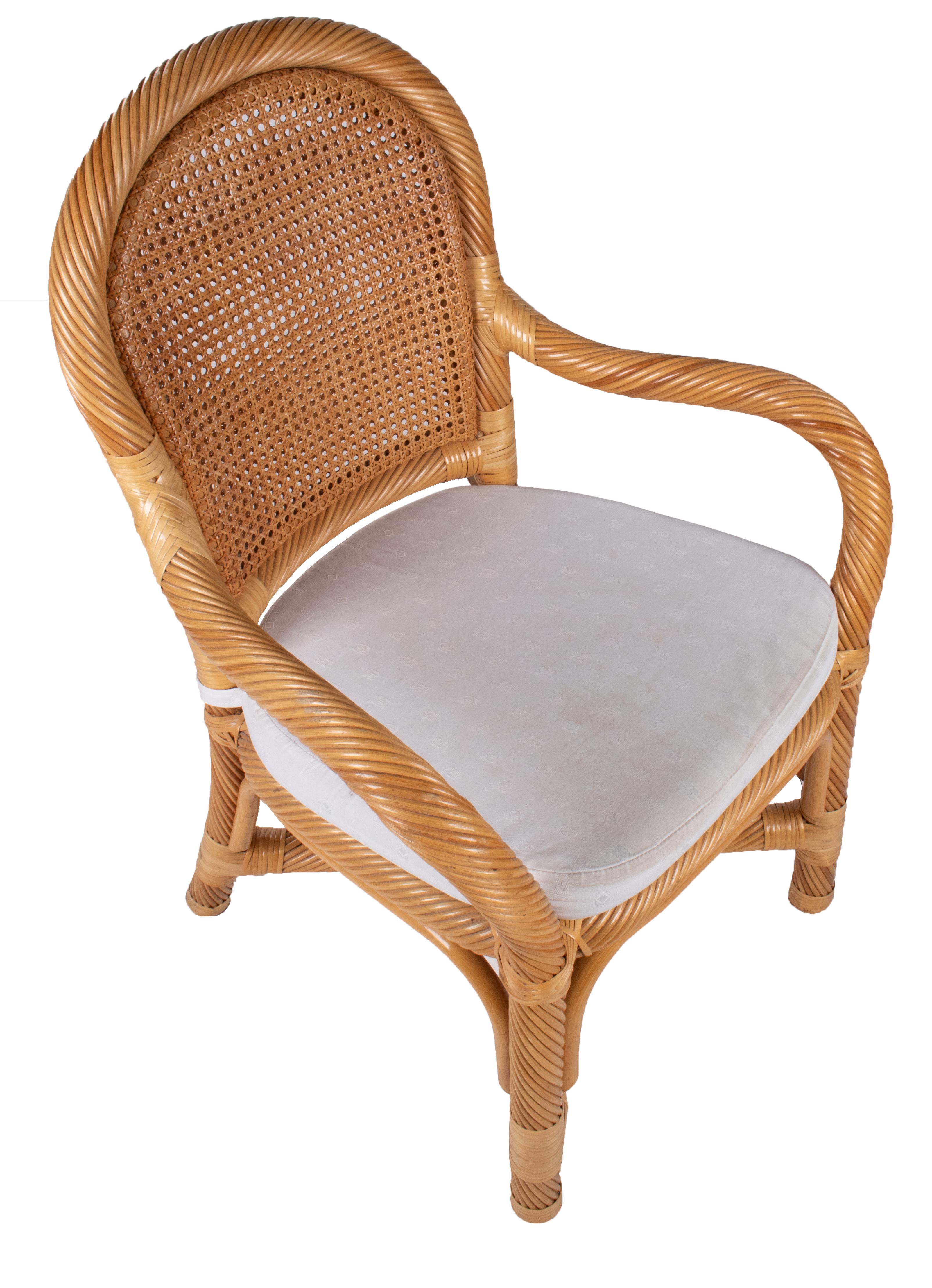 1970s Spanish Set of Six Bamboo and Wicker Handmade Armchairs For Sale 1