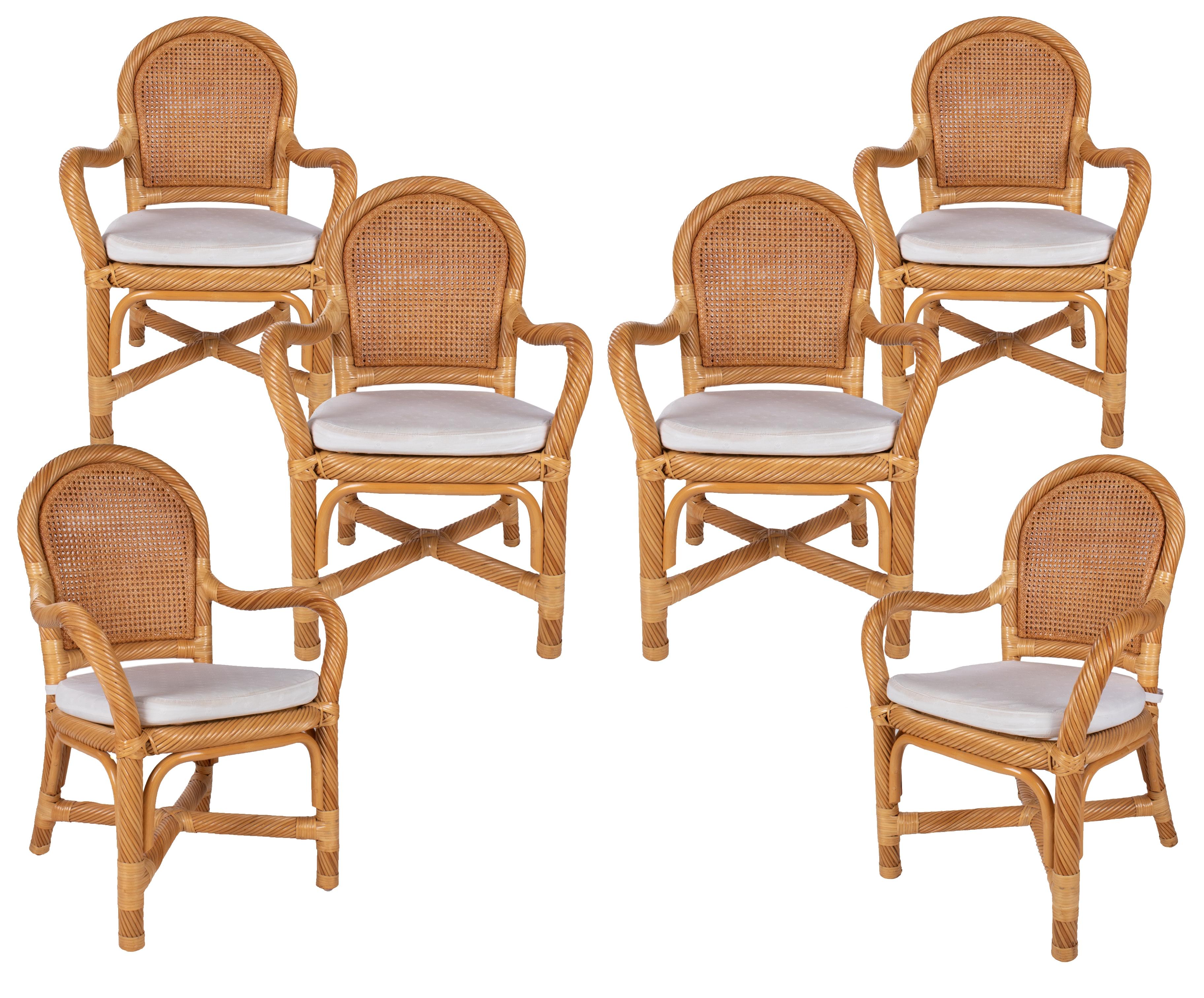 Ensemble espagnol des années 1970 de six fauteuils en bambou et osier fabriqués à la main
