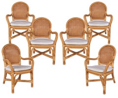 Vintage 1970s Spanish Set of Six Bamboo and Wicker Handmade Armchairs