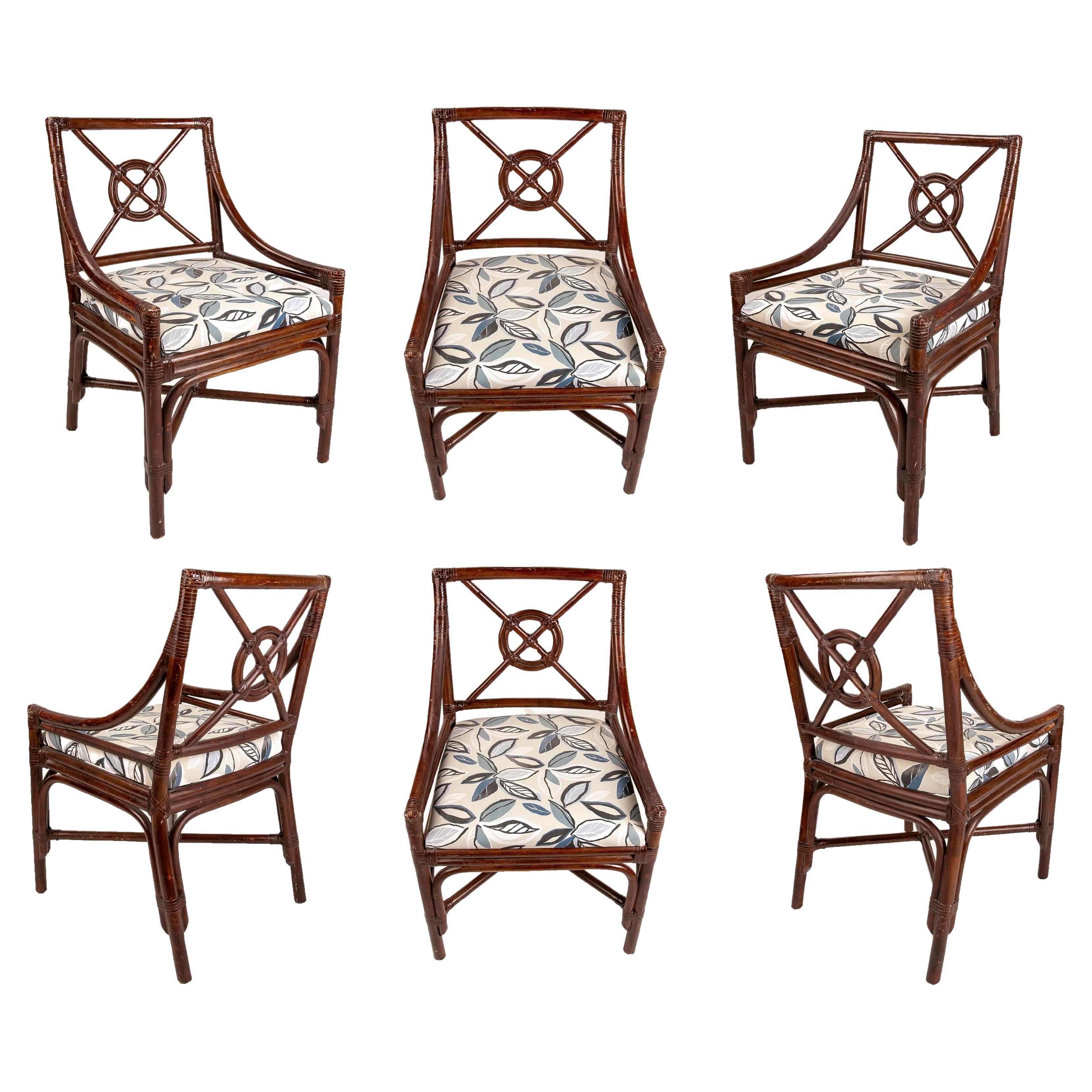 Jeu de six chaises en bambou espagnol des années 1970