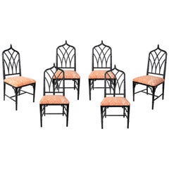 1970s Spanish Set of Six Black Lacquered Wooden Bamboo Styled Dinning Chairs